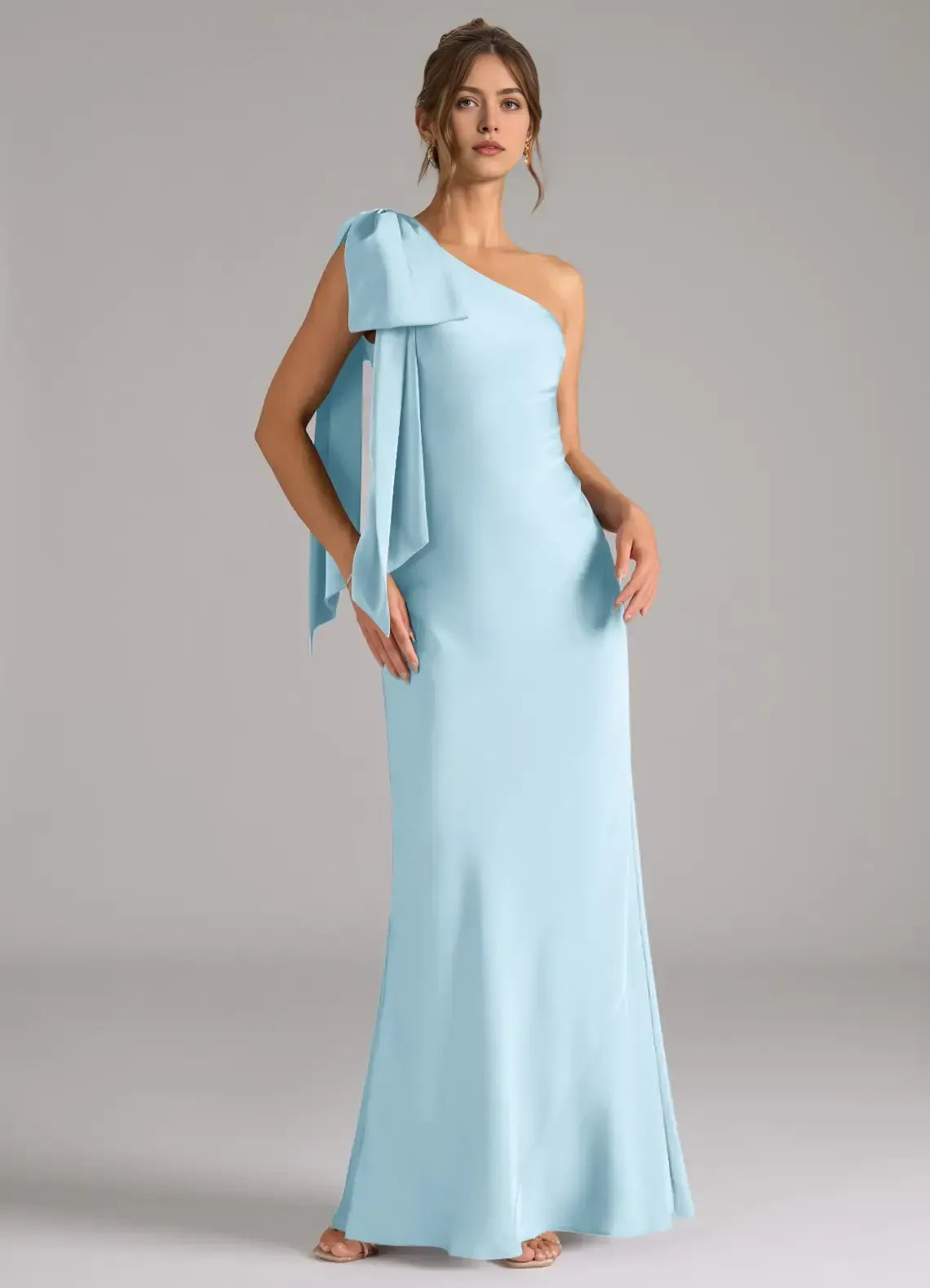 One Shoulder Big Bow Back Split Satin Mermaid Long Bridesmaid Dress
