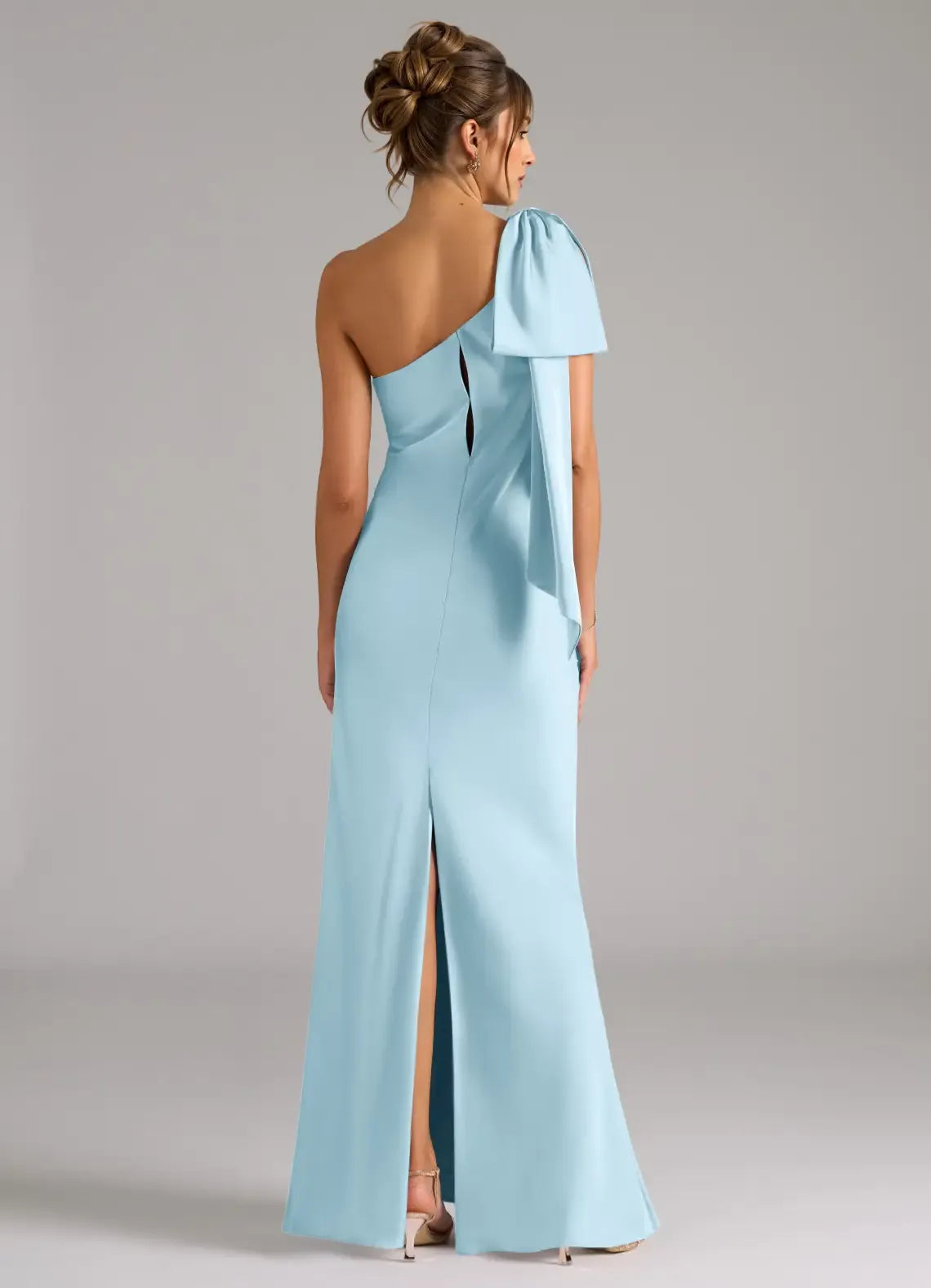 One Shoulder Big Bow Back Split Satin Mermaid Long Bridesmaid Dress