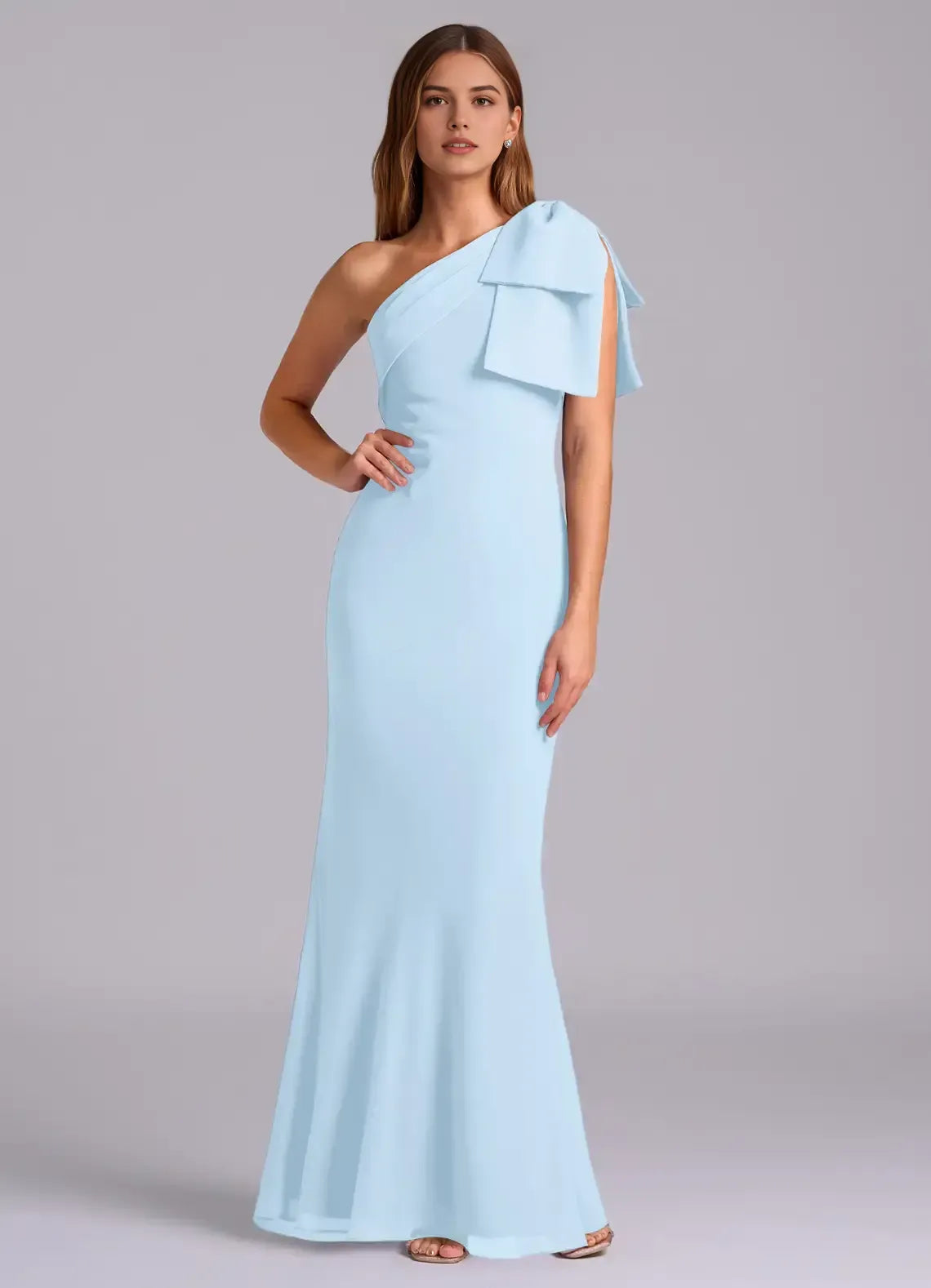 One Shoulder Big Bow Solid Chiffon Mermaid Long Bridesmaid Dress