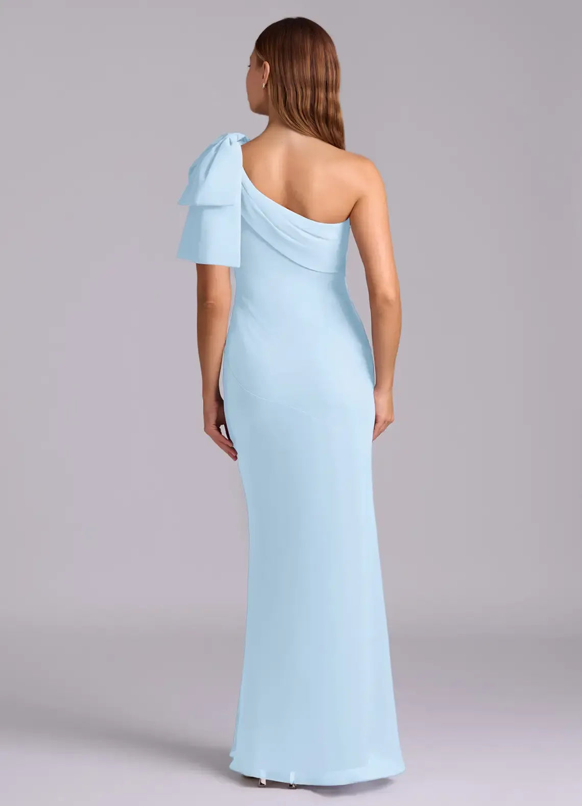 One Shoulder Big Bow Solid Chiffon Mermaid Long Bridesmaid Dress
