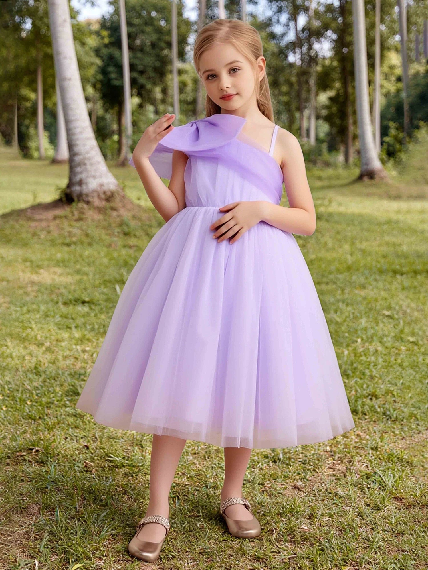 One Shoulder Big Organza Bow Thin Strap Lavender Tulle Short Flower Girl Dresses