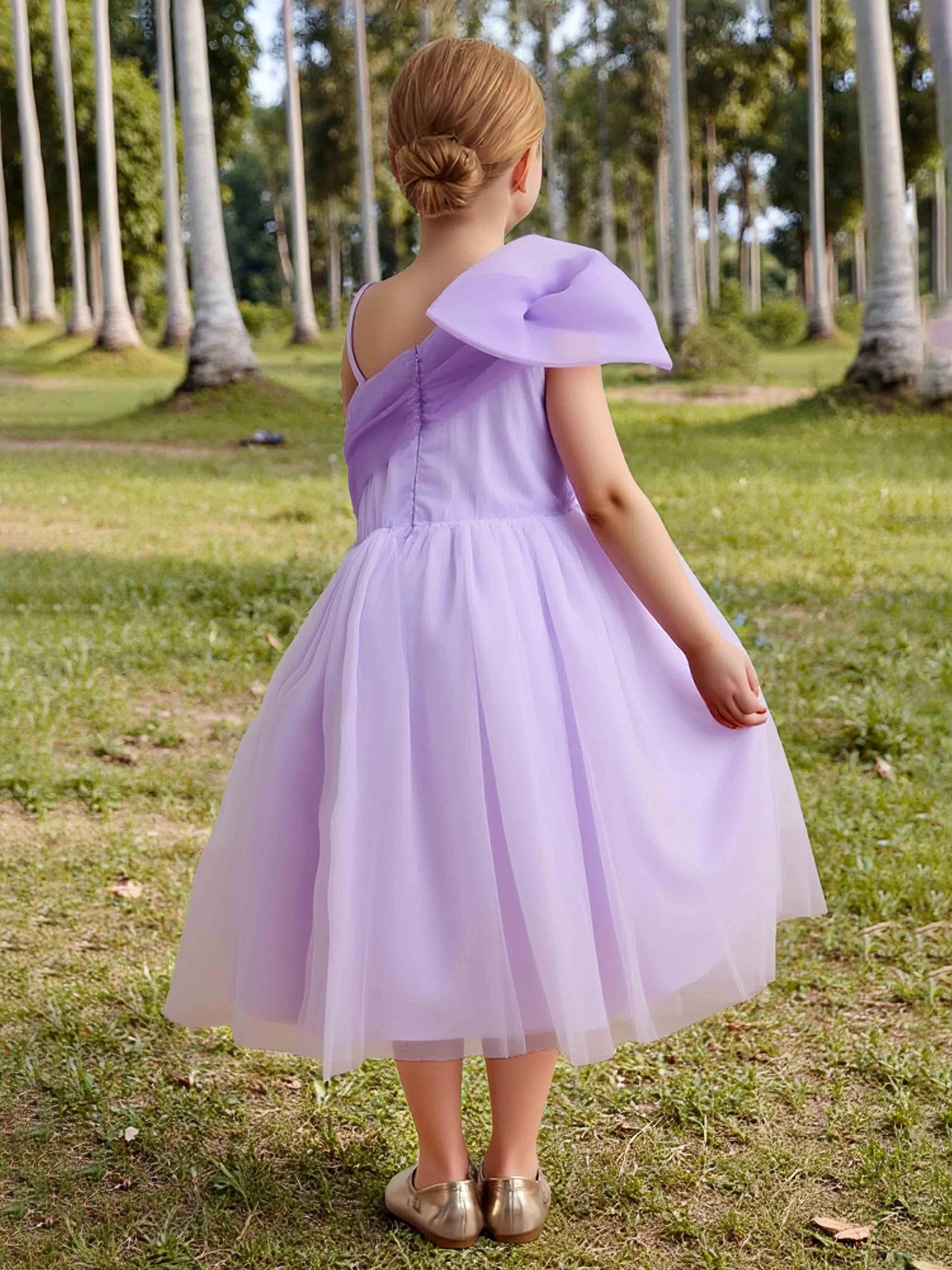 One Shoulder Big Organza Bow Thin Strap Lavender Tulle Short Flower Girl Dresses