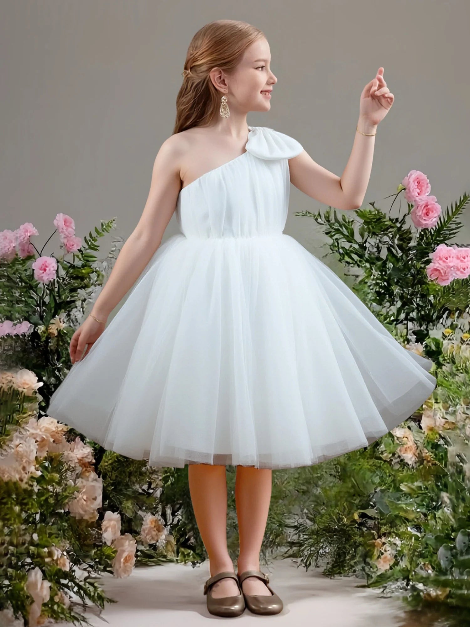 One Shoulder Big Tulle Bow Solid Back Large Tulle Bow White Tulle Short Flower Girl Dresses