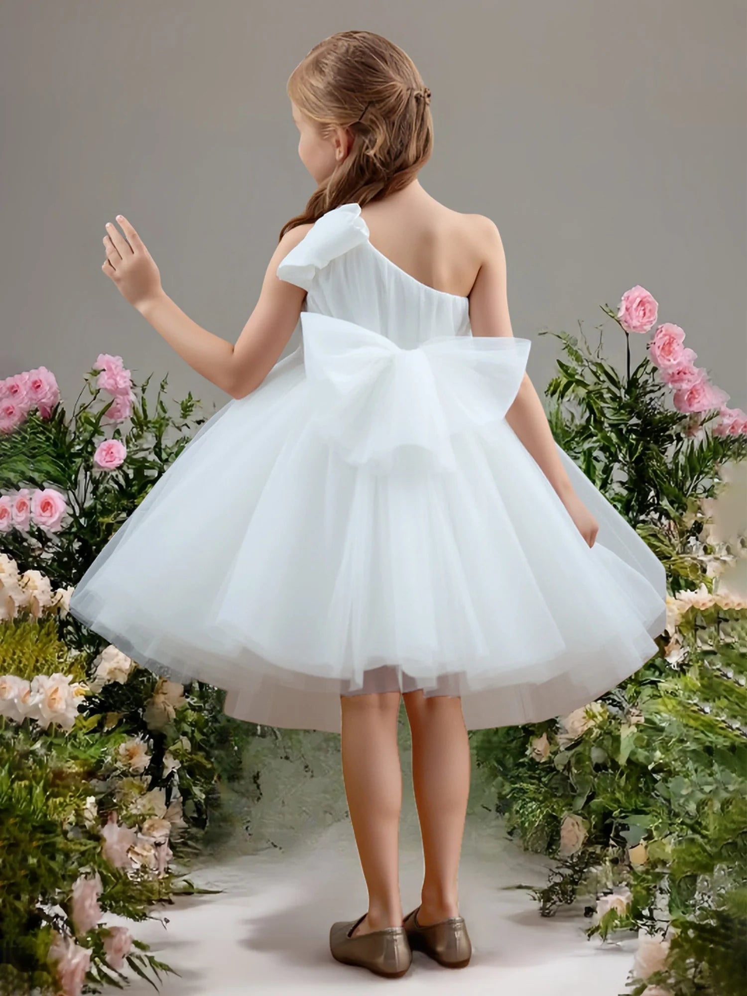 One Shoulder Big Tulle Bow Solid Back Large Tulle Bow White Tulle Short Flower Girl Dresses