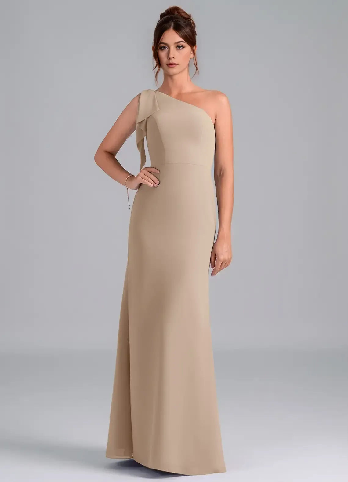 One Shoulder Bow Detail Mermaid Chiffon Long Bridesmaid Dress