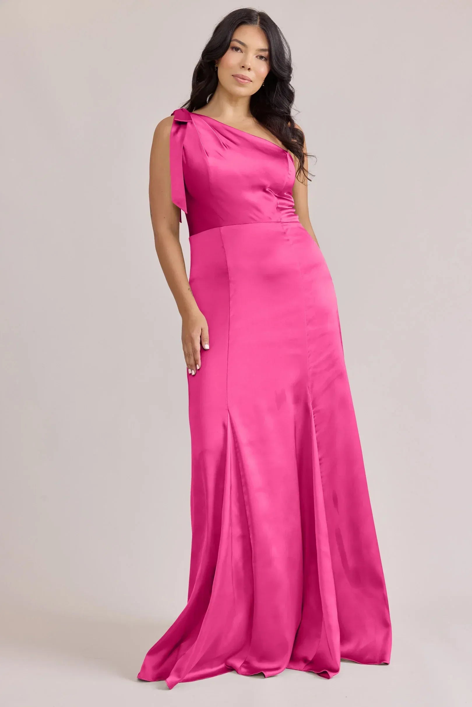 One Shoulder Bow Tie Backless Mermaid Satin Long Bridesmaid Dress