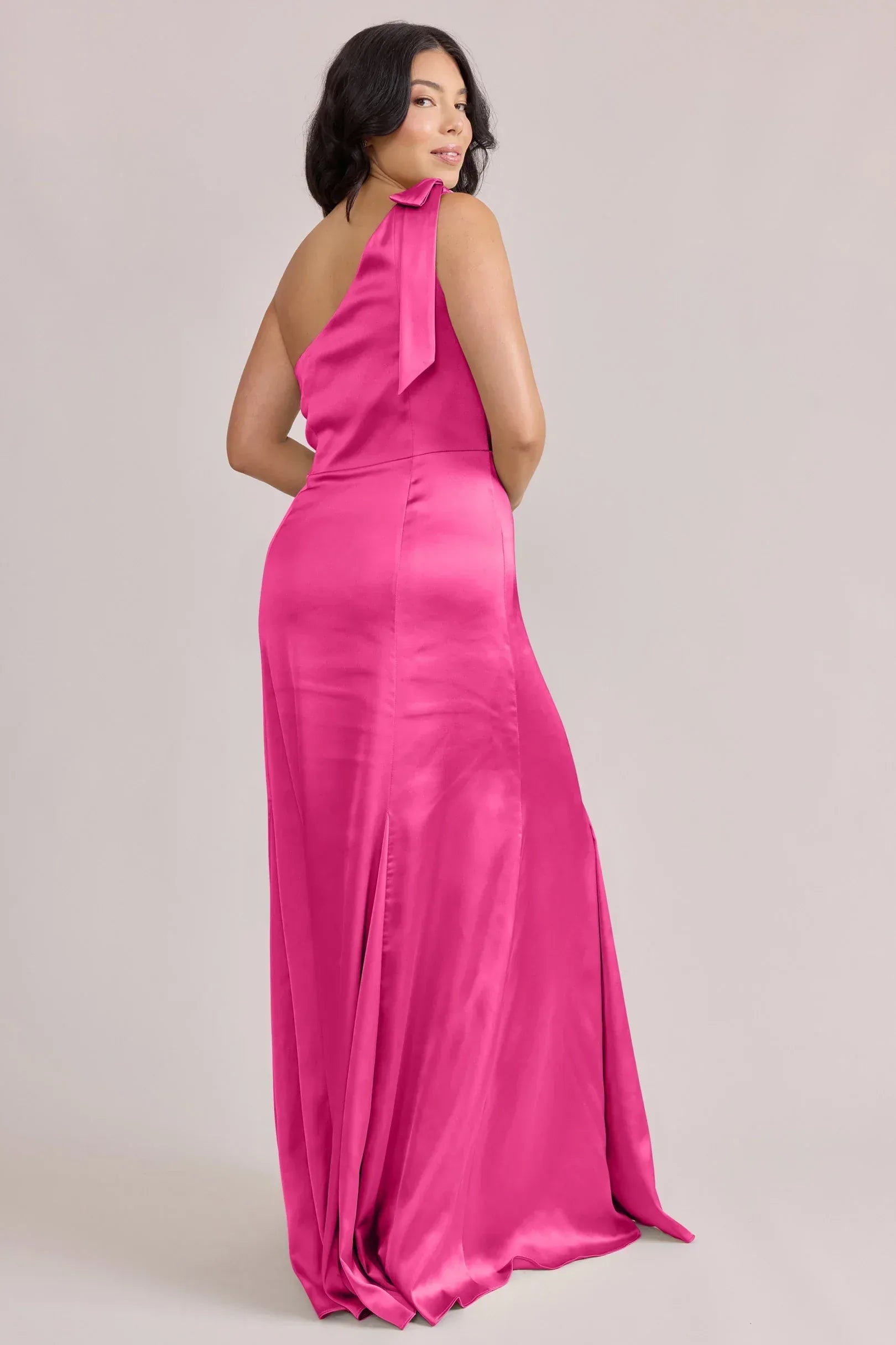 One Shoulder Bow Tie Backless Mermaid Satin Long Bridesmaid Dress