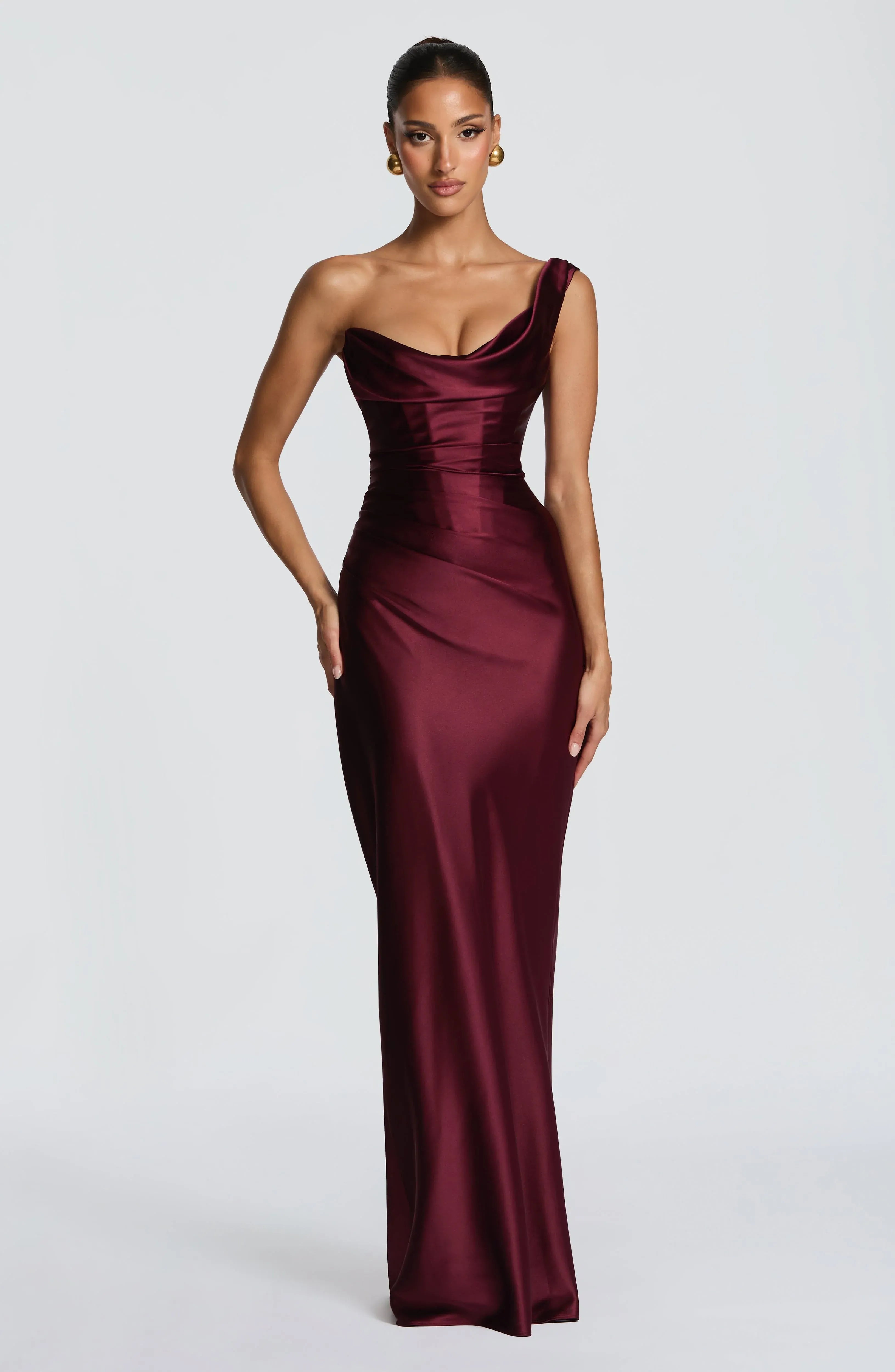 One Shoulder Cowl Draped Ruched Waist Burgundy Satin Mermaid Maxi Wedding Guest Dresses