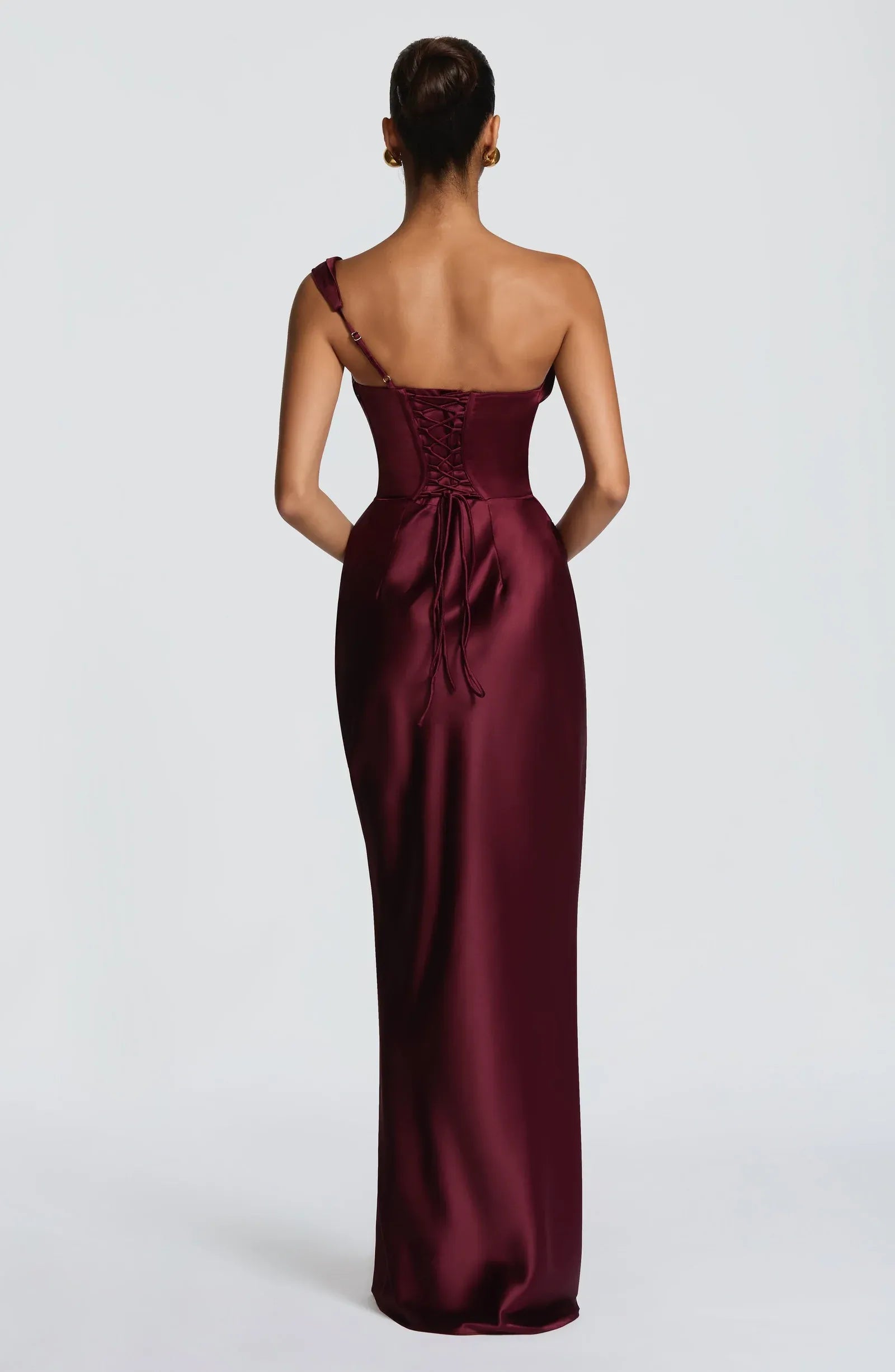 One Shoulder Cowl Draped Ruched Waist Burgundy Satin Mermaid Maxi Wedding Guest Dresses