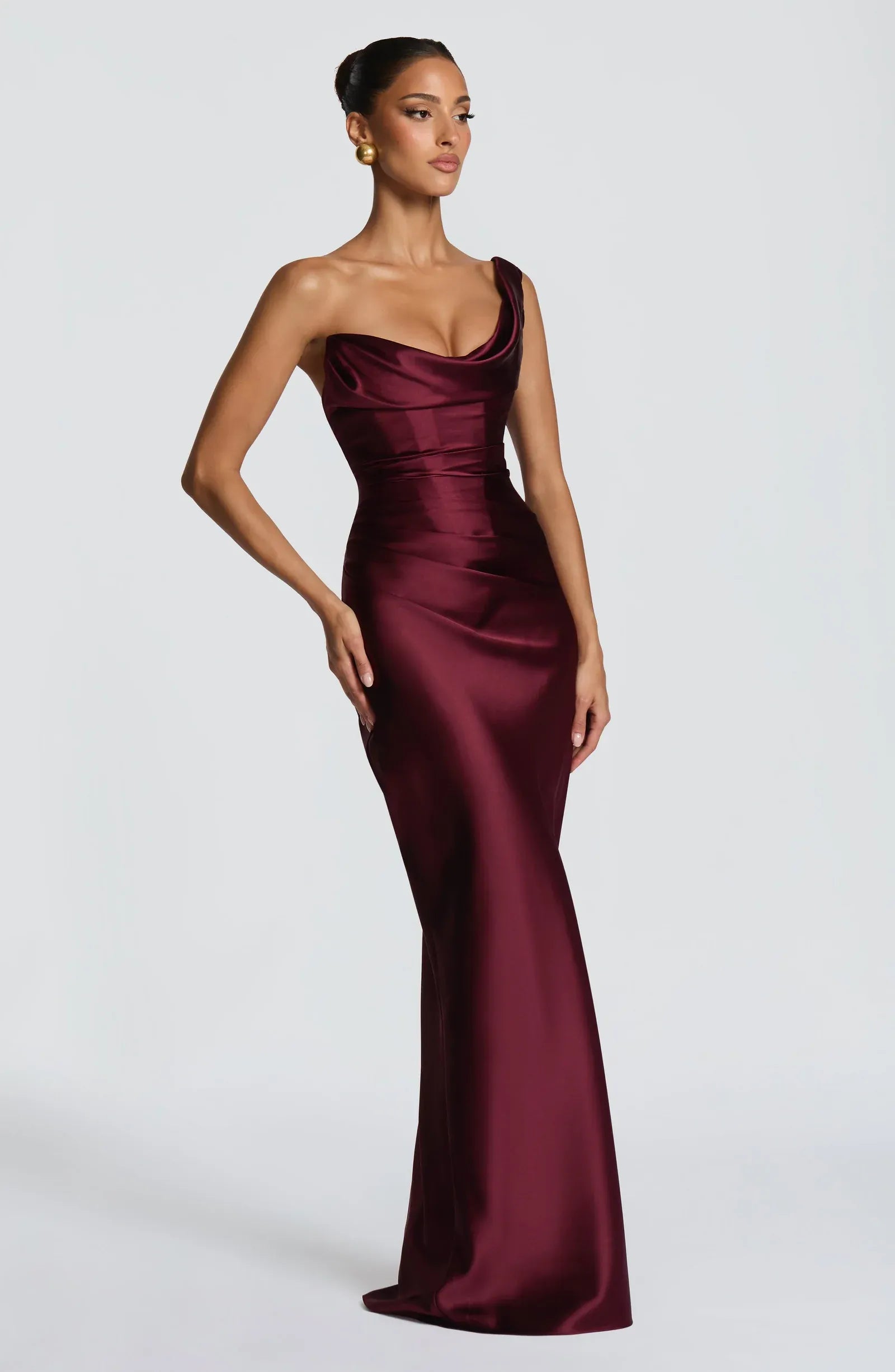 One Shoulder Cowl Draped Ruched Waist Burgundy Satin Mermaid Maxi Wedding Guest Dresses