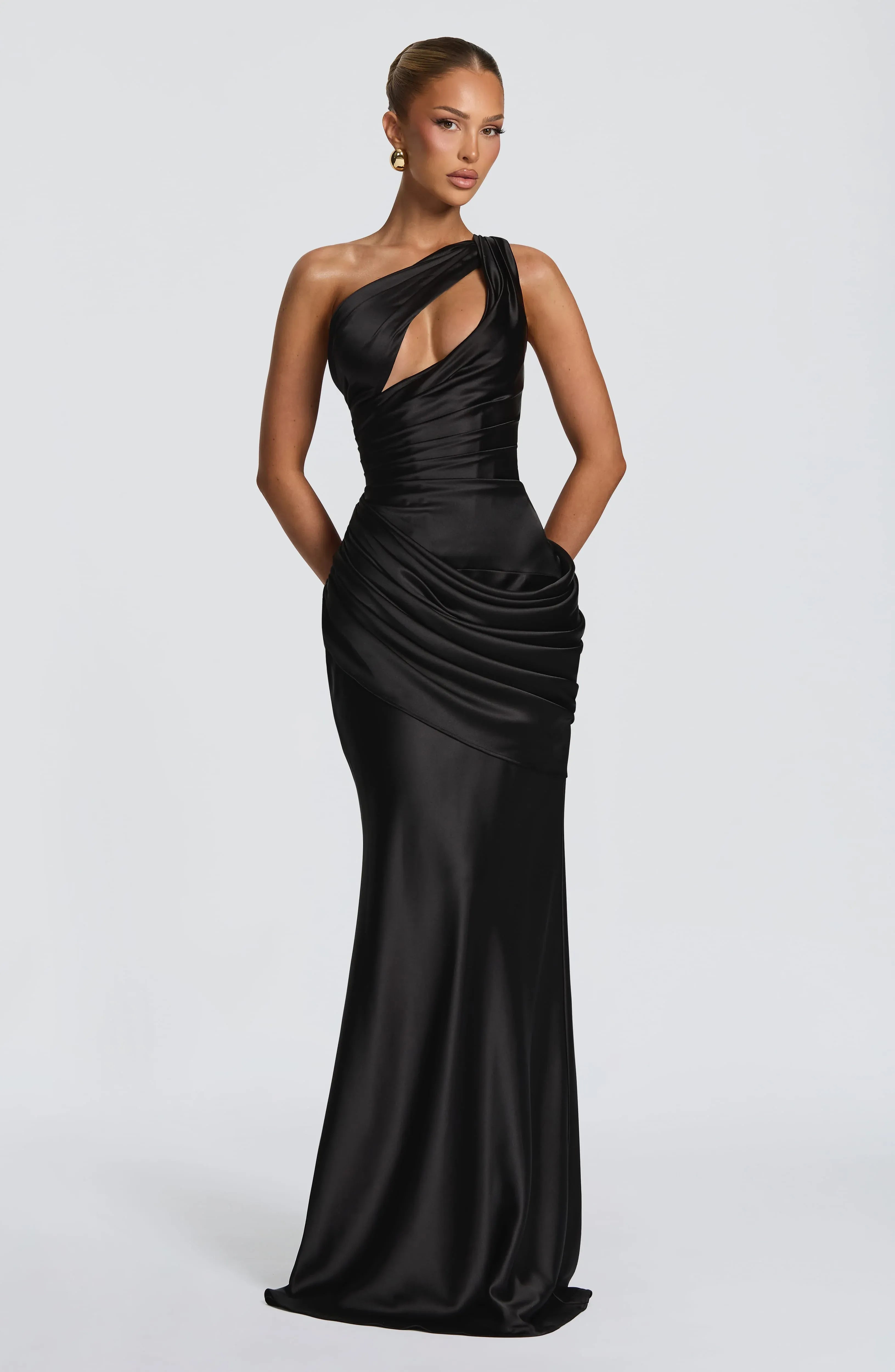 One Shoulder Cutout Twist Bodice Draped Waist Plain Slit Black Satin Mermaid Maxi Wedding Guest Dresses