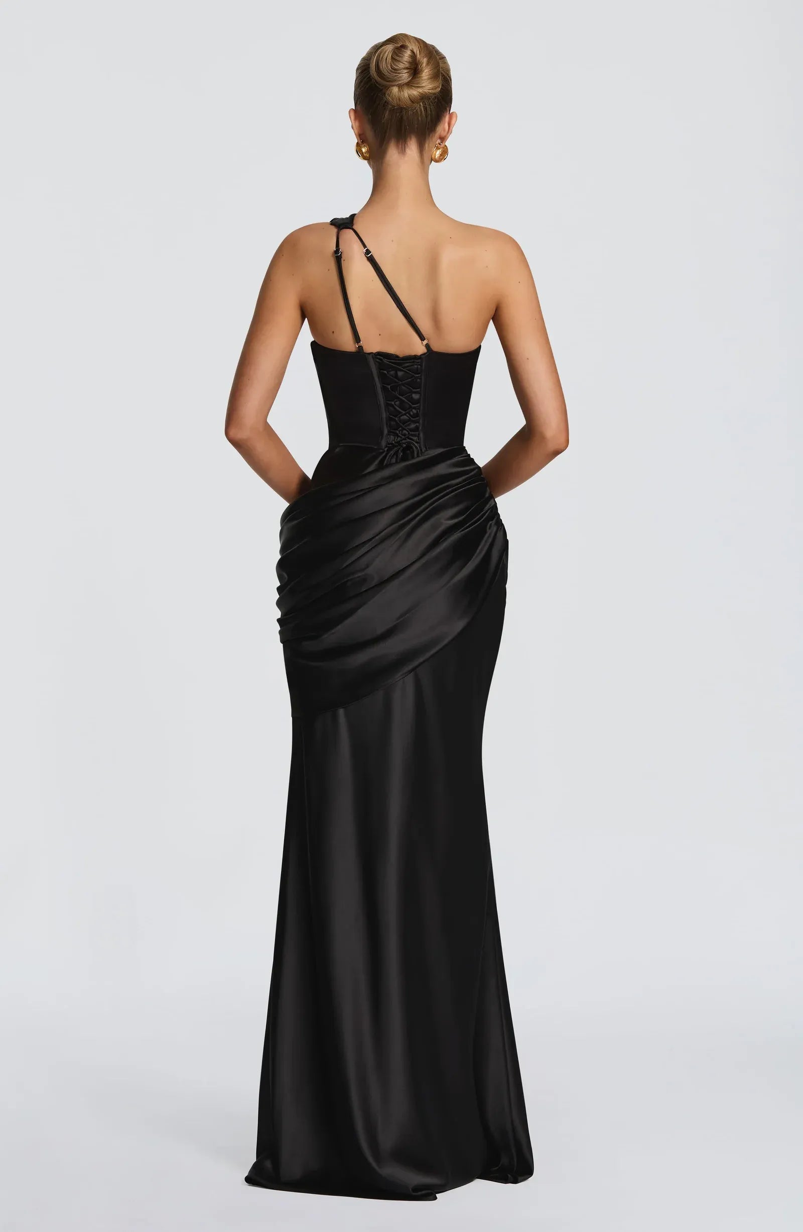 One Shoulder Cutout Twist Bodice Draped Waist Plain Slit Black Satin Mermaid Maxi Wedding Guest Dresses