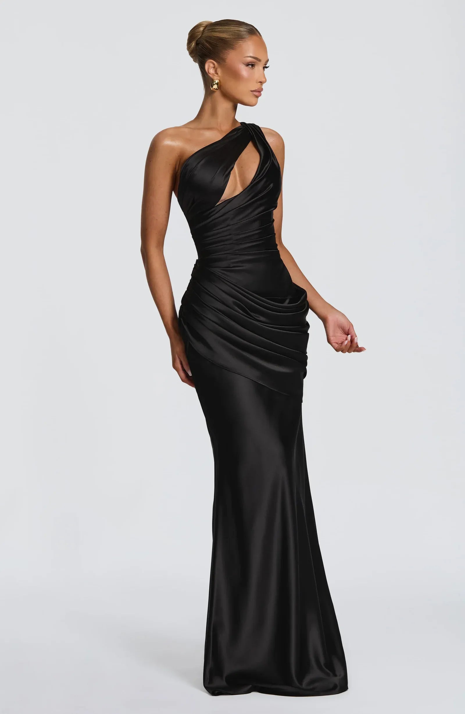 One Shoulder Cutout Twist Bodice Draped Waist Plain Slit Black Satin Mermaid Maxi Wedding Guest Dresses