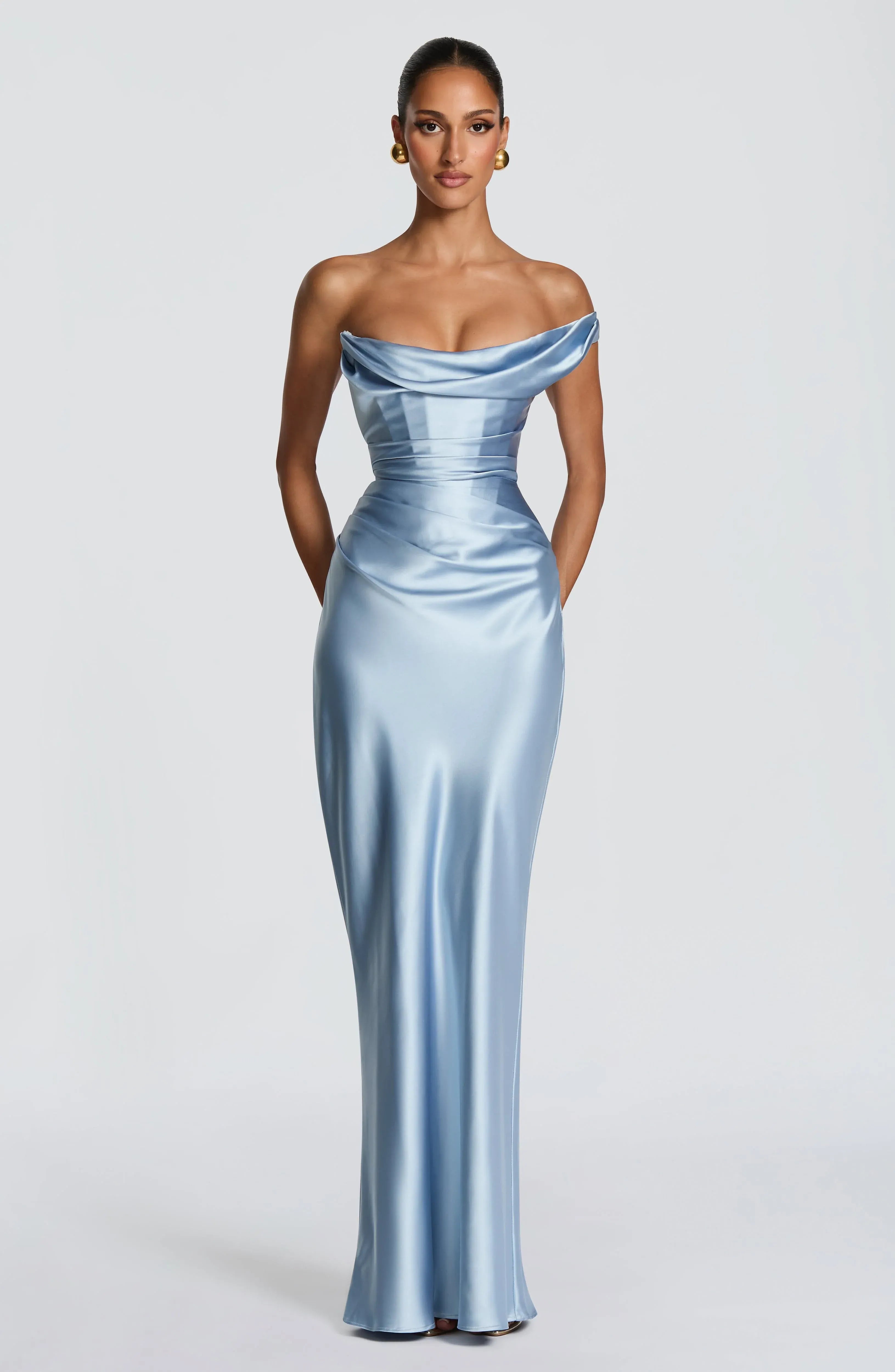 One Shoulder Draped Cowl Ruched Waist Sky Blue Satin Mermaid Maxi Wedding Guest Dresses
