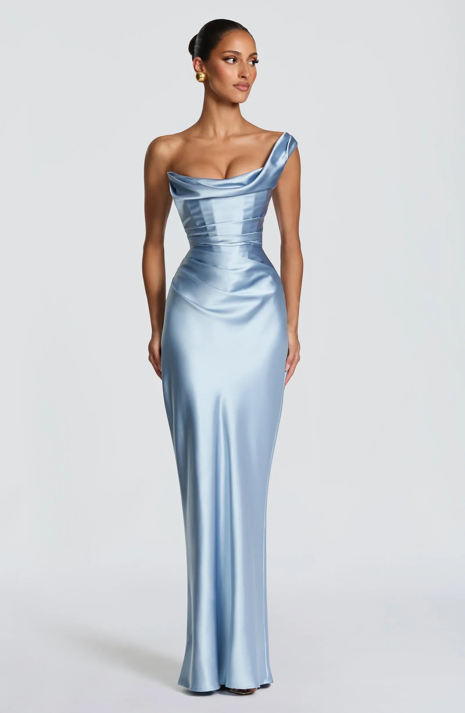 One Shoulder Draped Cowl Ruched Waist Sky Blue Satin Mermaid Maxi Wedding Guest Dresses