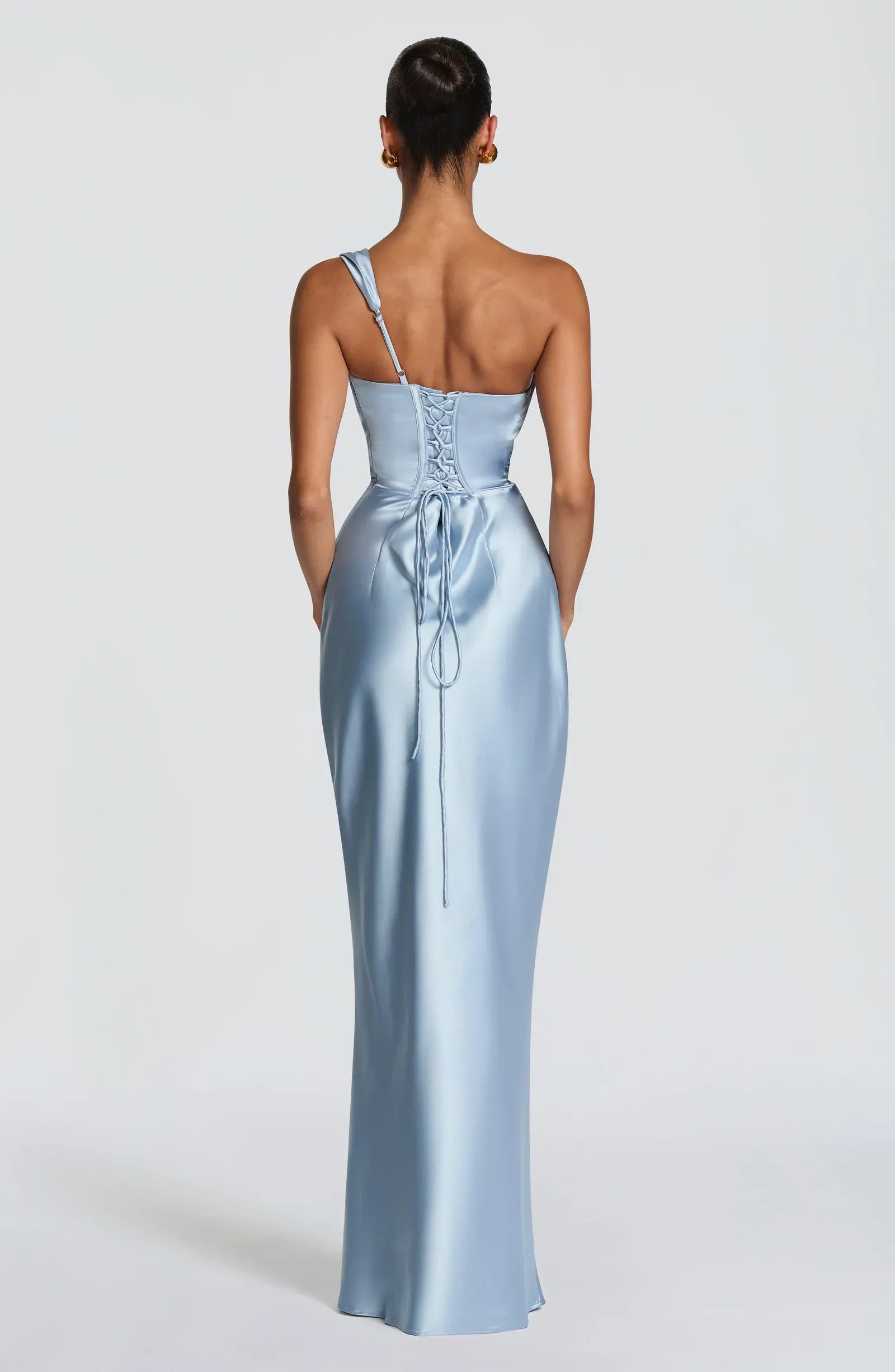 One Shoulder Draped Cowl Ruched Waist Sky Blue Satin Mermaid Maxi Wedding Guest Dresses