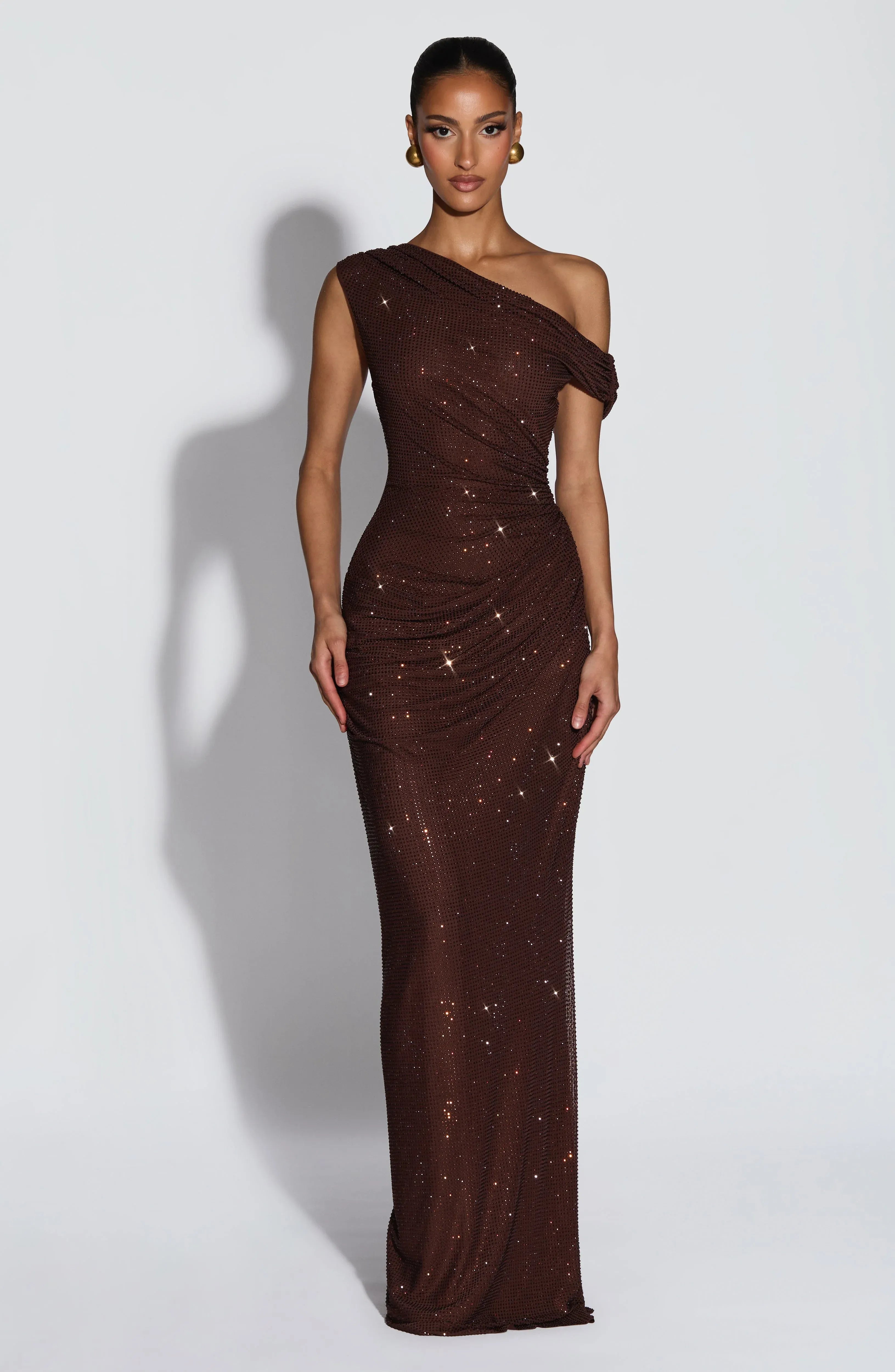 One Shoulder Draped Ruched Rhinestone Mesh Chocolate Brown Mermaid Maxi Wedding Guest Dresses