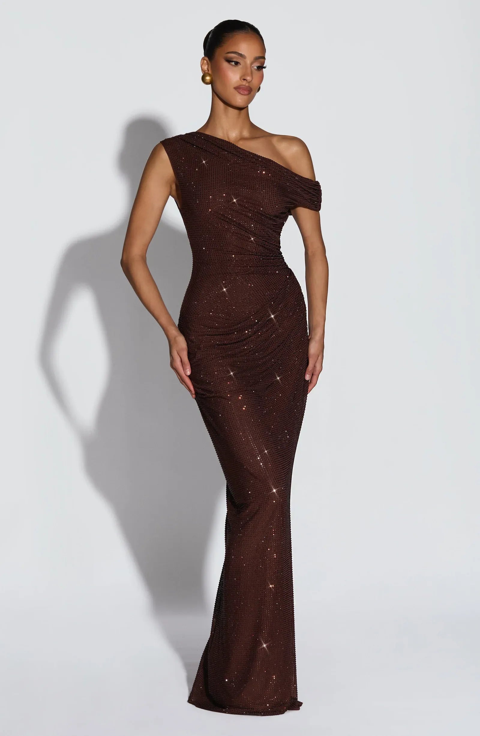 One Shoulder Draped Ruched Rhinestone Mesh Chocolate Brown Mermaid Maxi Wedding Guest Dresses