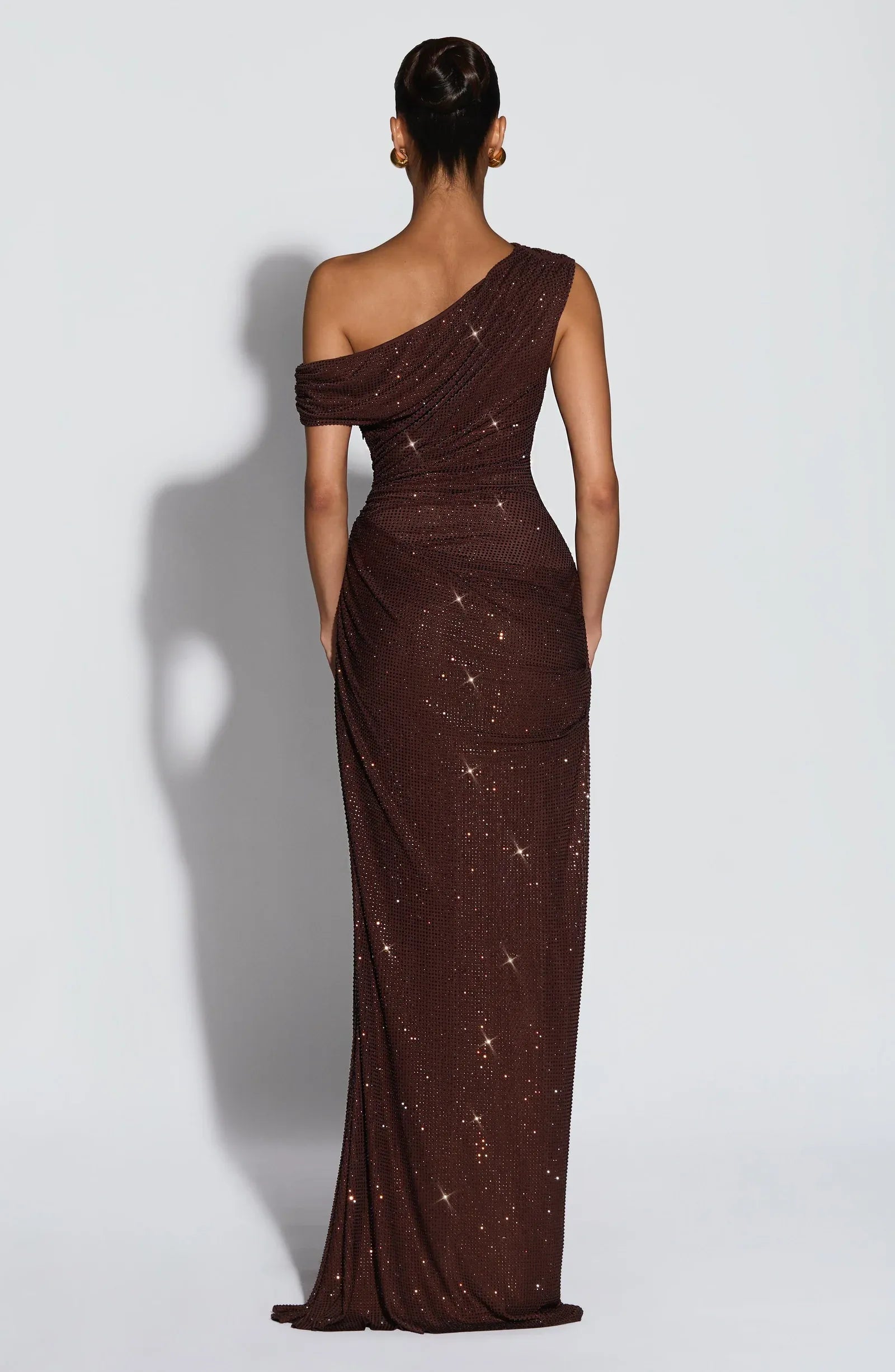 One Shoulder Draped Ruched Rhinestone Mesh Chocolate Brown Mermaid Maxi Wedding Guest Dresses