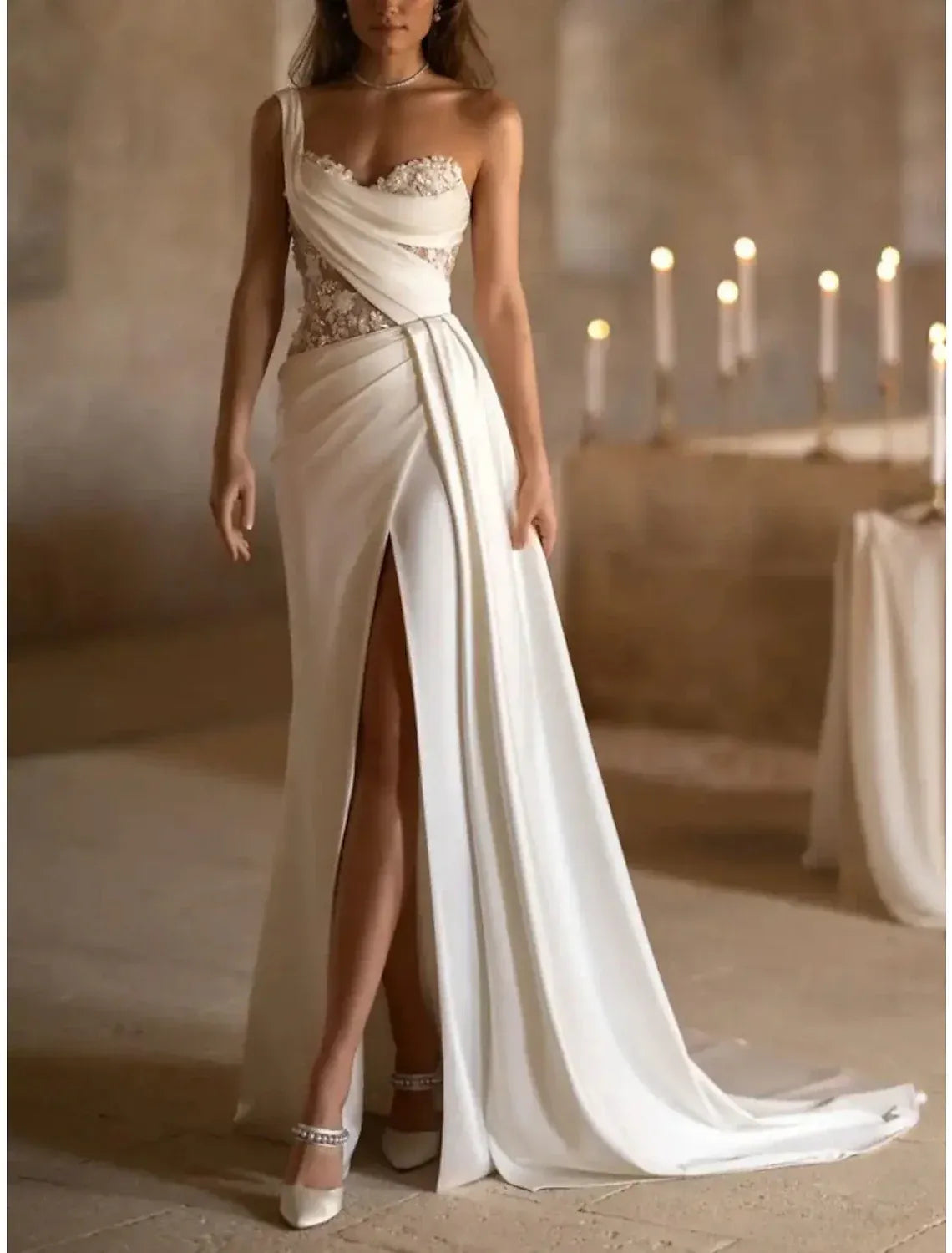 One‑Shoulder Draped Satin Mermaid Wedding Dress With 3D Floral Lace Cutout Bodice & High Slit