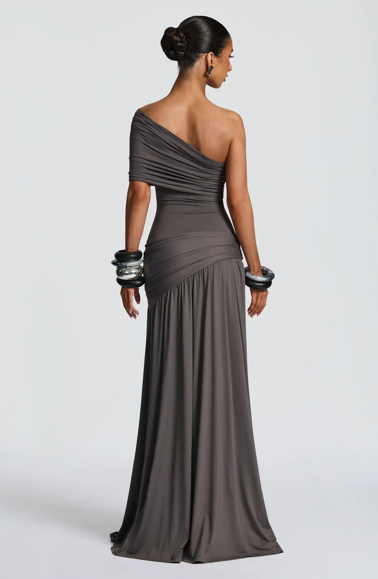 One Shoulder Draped Sleeve Waist Twist High Slit Charcoal Jersey Mermaid Maxi Wedding Guest Dresses