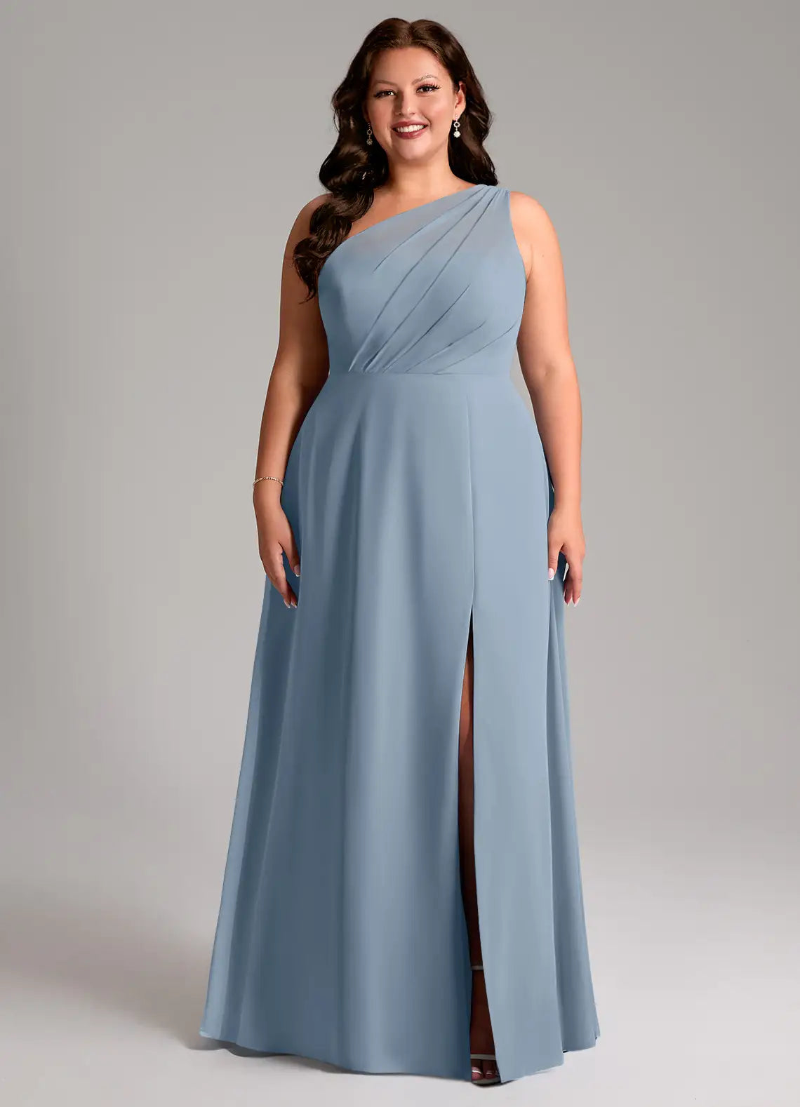 One-Shoulder Draped Slit Floor-Length Plus Size Bridesmaid Dress