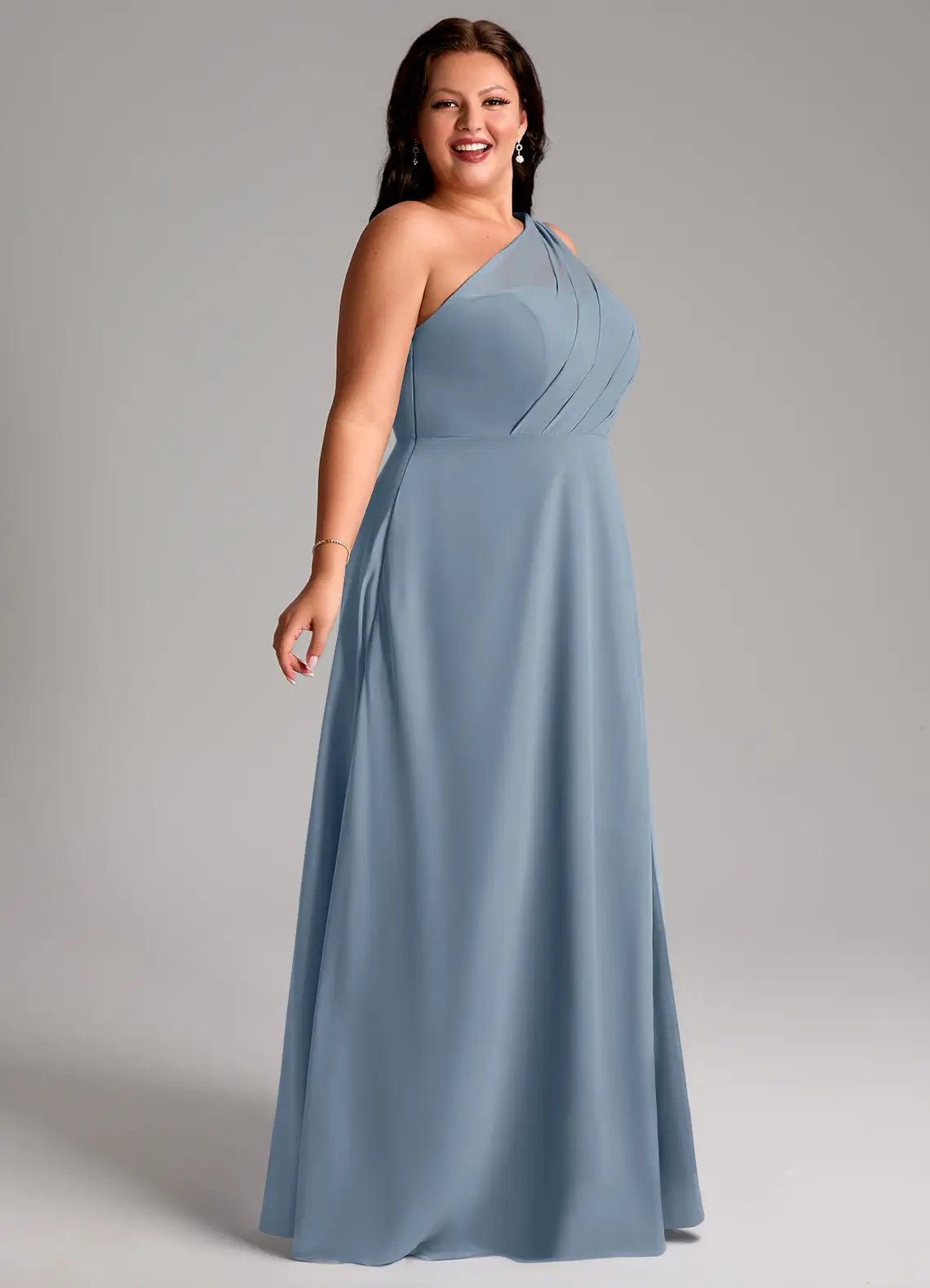 One-Shoulder Draped Slit Floor-Length Plus Size Bridesmaid Dress