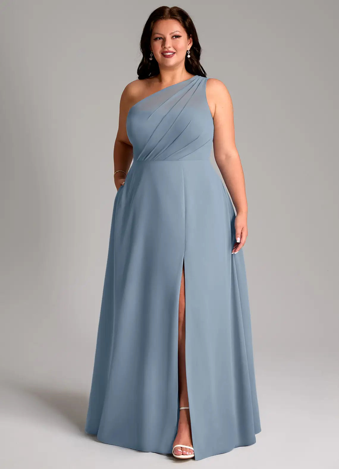 One-Shoulder Draped Slit Floor-Length Plus Size Bridesmaid Dress
