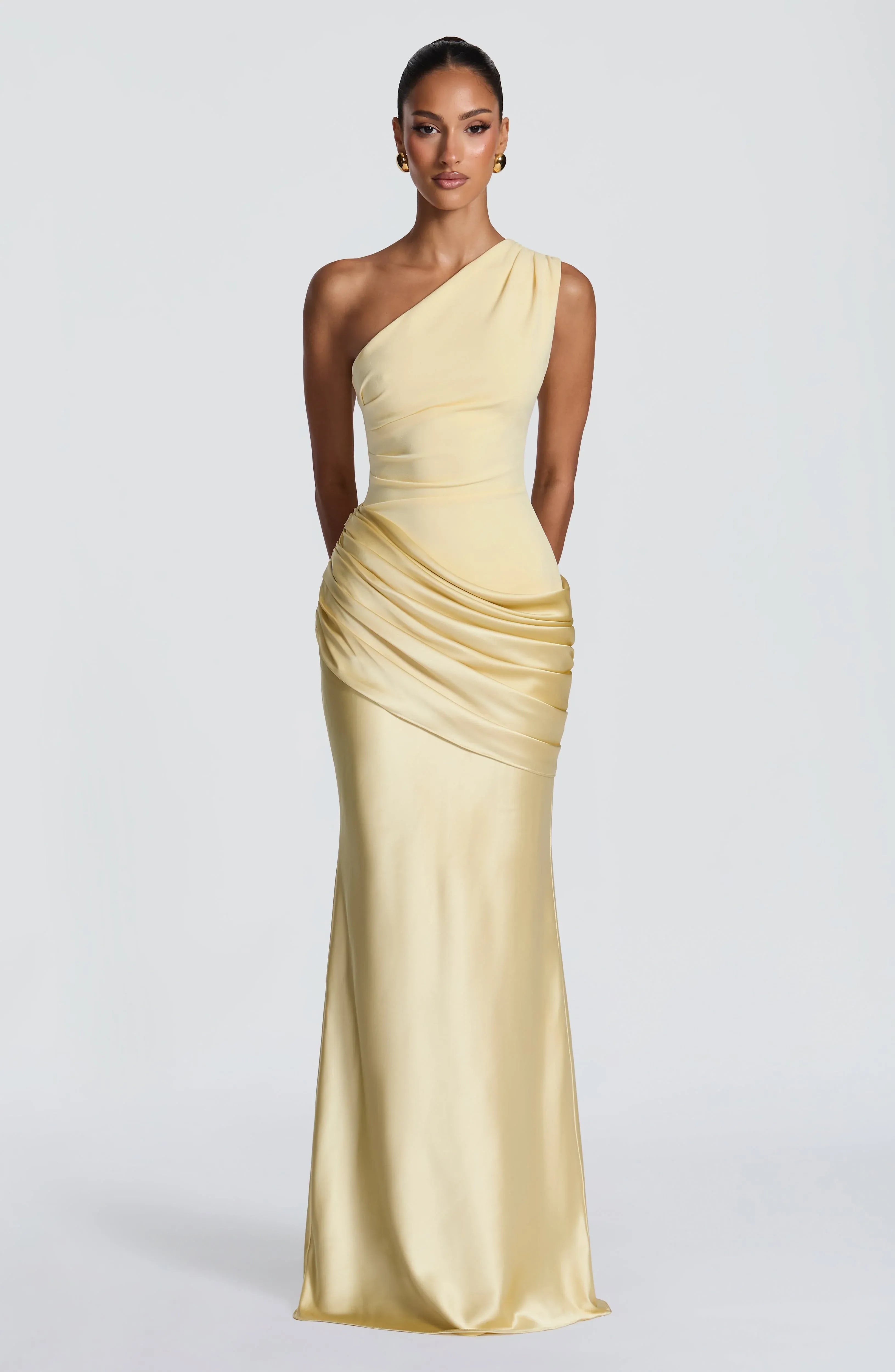 One Shoulder Draped Waist Mermaid Pale Yellow Satin Maxi Wedding Guest Dresses