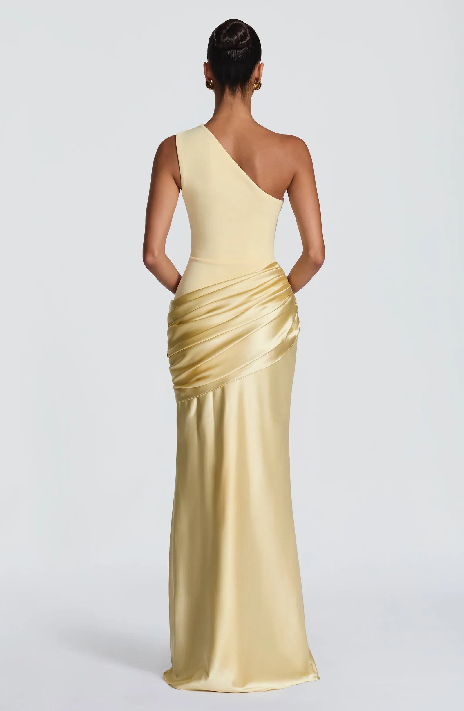 One Shoulder Draped Waist Mermaid Pale Yellow Satin Maxi Wedding Guest Dresses