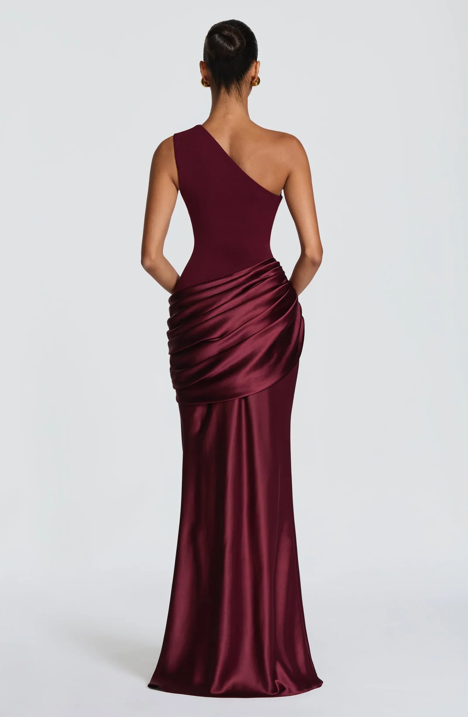 One Shoulder Draped Waist Two Tone Burgundy Crepe Satin Mermaid Maxi Wedding Guest Dresses