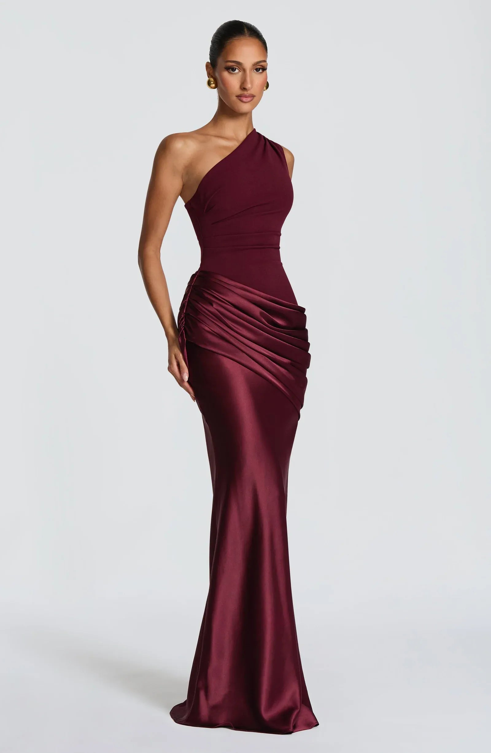 One Shoulder Draped Waist Two Tone Burgundy Crepe Satin Mermaid Maxi Wedding Guest Dresses