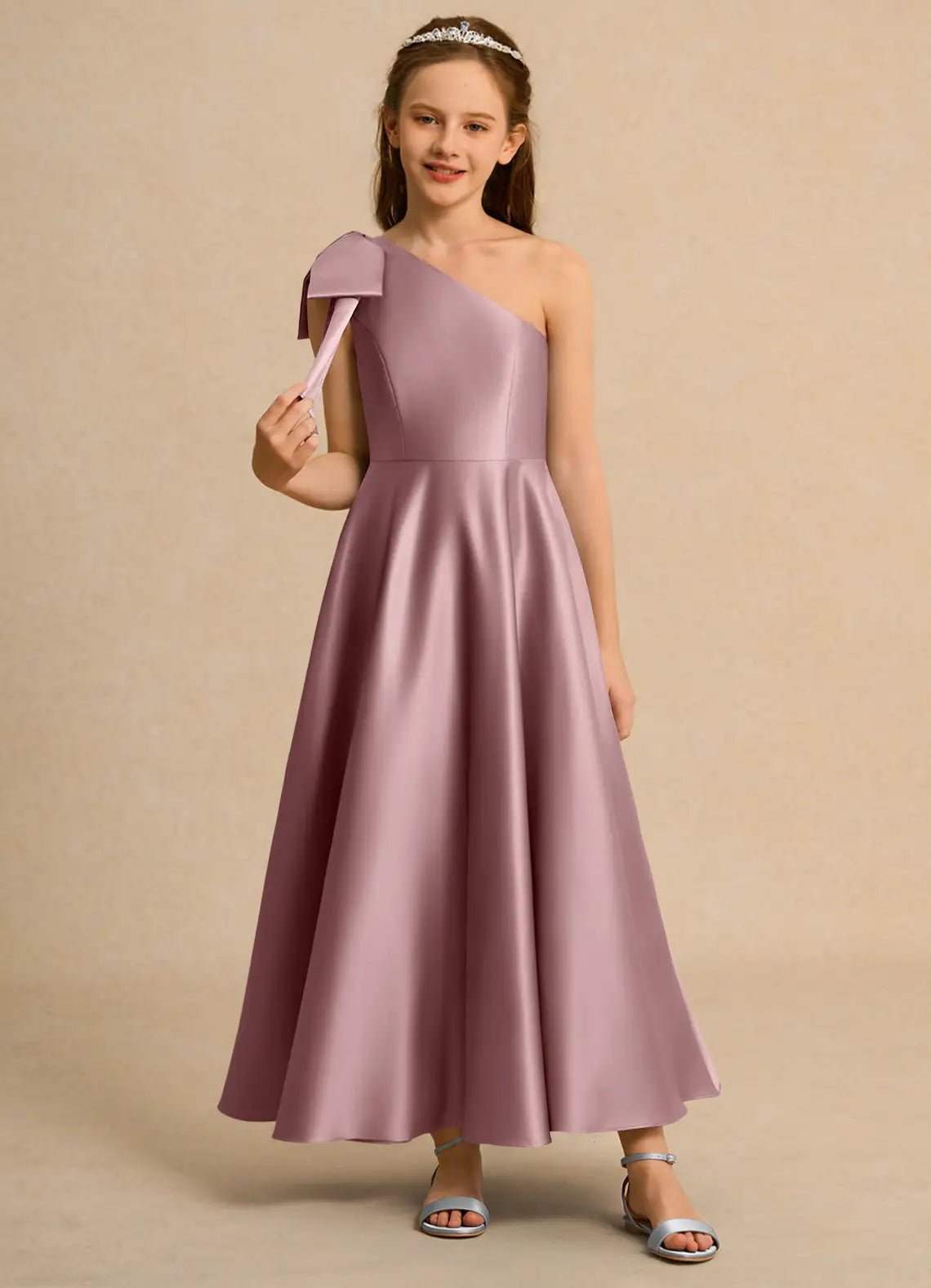 One Shoulder Dusty Mauve Satin Ankle-Length Junior Bridesmaid Dresses with Shoulder Bow