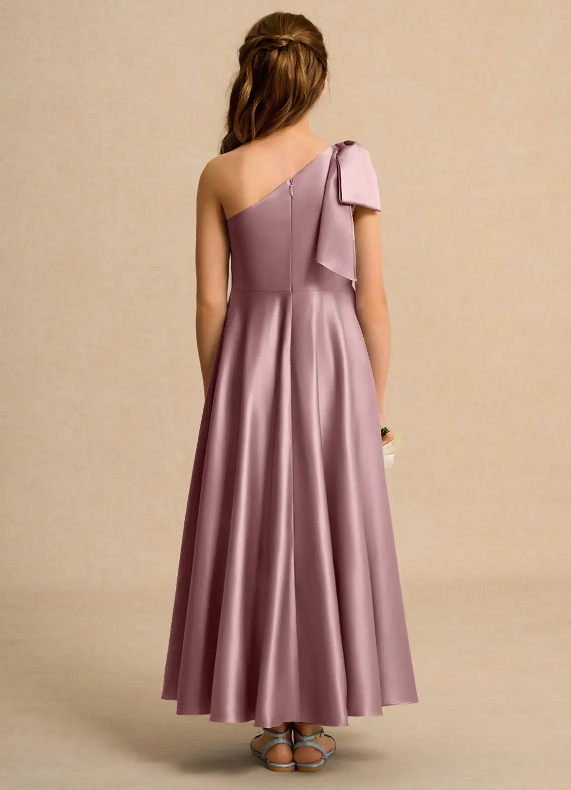 One Shoulder Dusty Mauve Satin Ankle-Length Junior Bridesmaid Dresses with Shoulder Bow