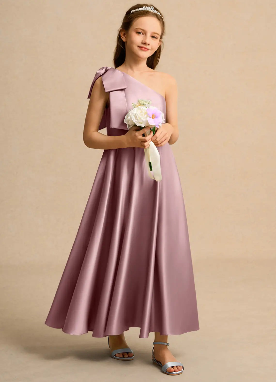 One Shoulder Dusty Mauve Satin Ankle-Length Junior Bridesmaid Dresses with Shoulder Bow