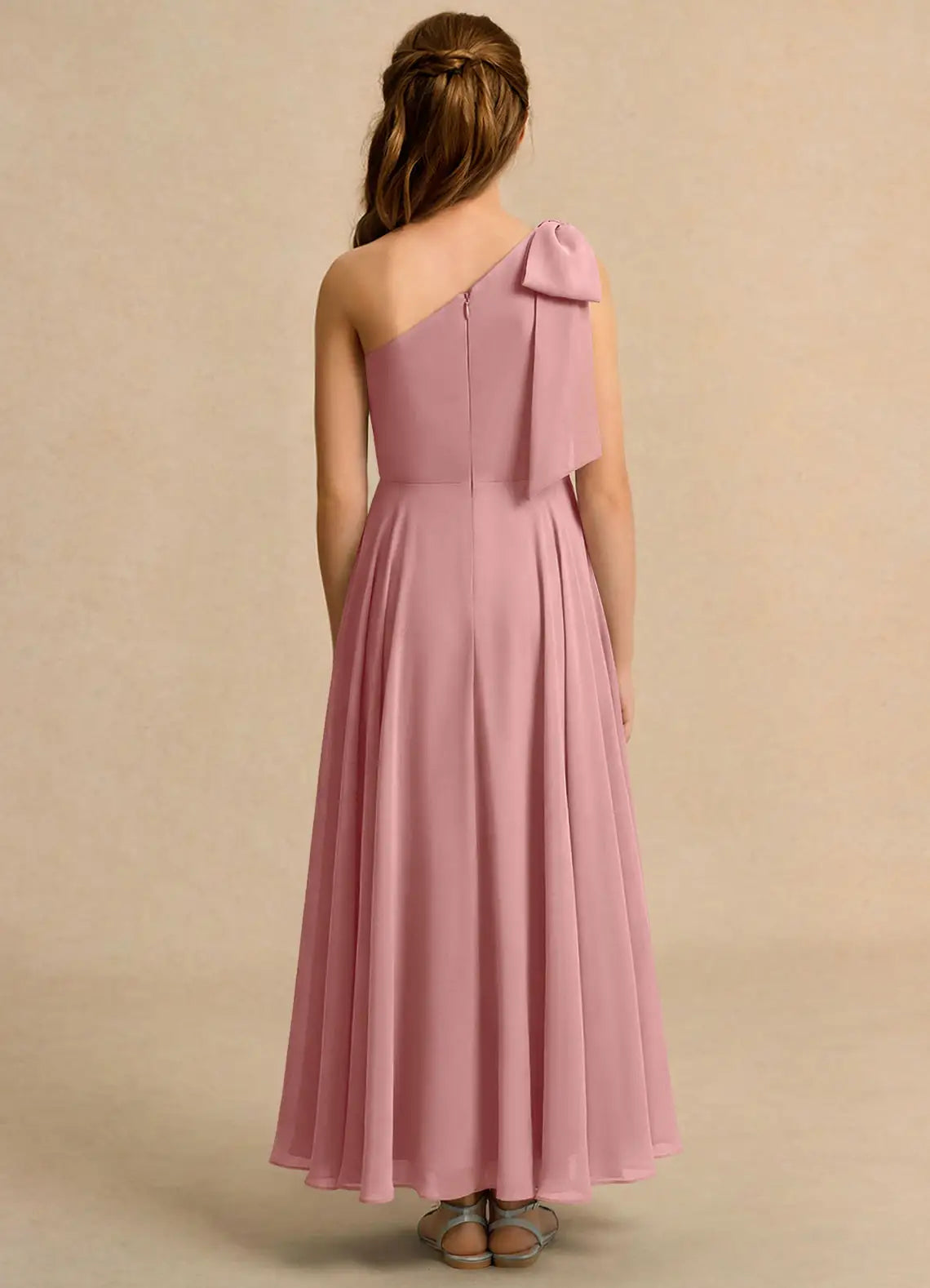 One Shoulder Dusty Rose Chiffon Full-Length Junior Bridesmaid Dresses with Side Bow