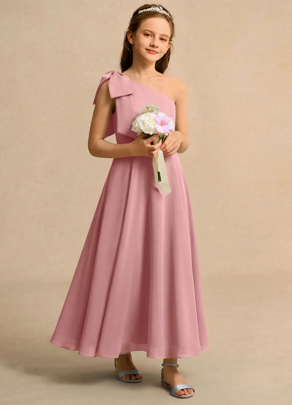 One Shoulder Dusty Rose Chiffon Full-Length Junior Bridesmaid Dresses with Side Bow
