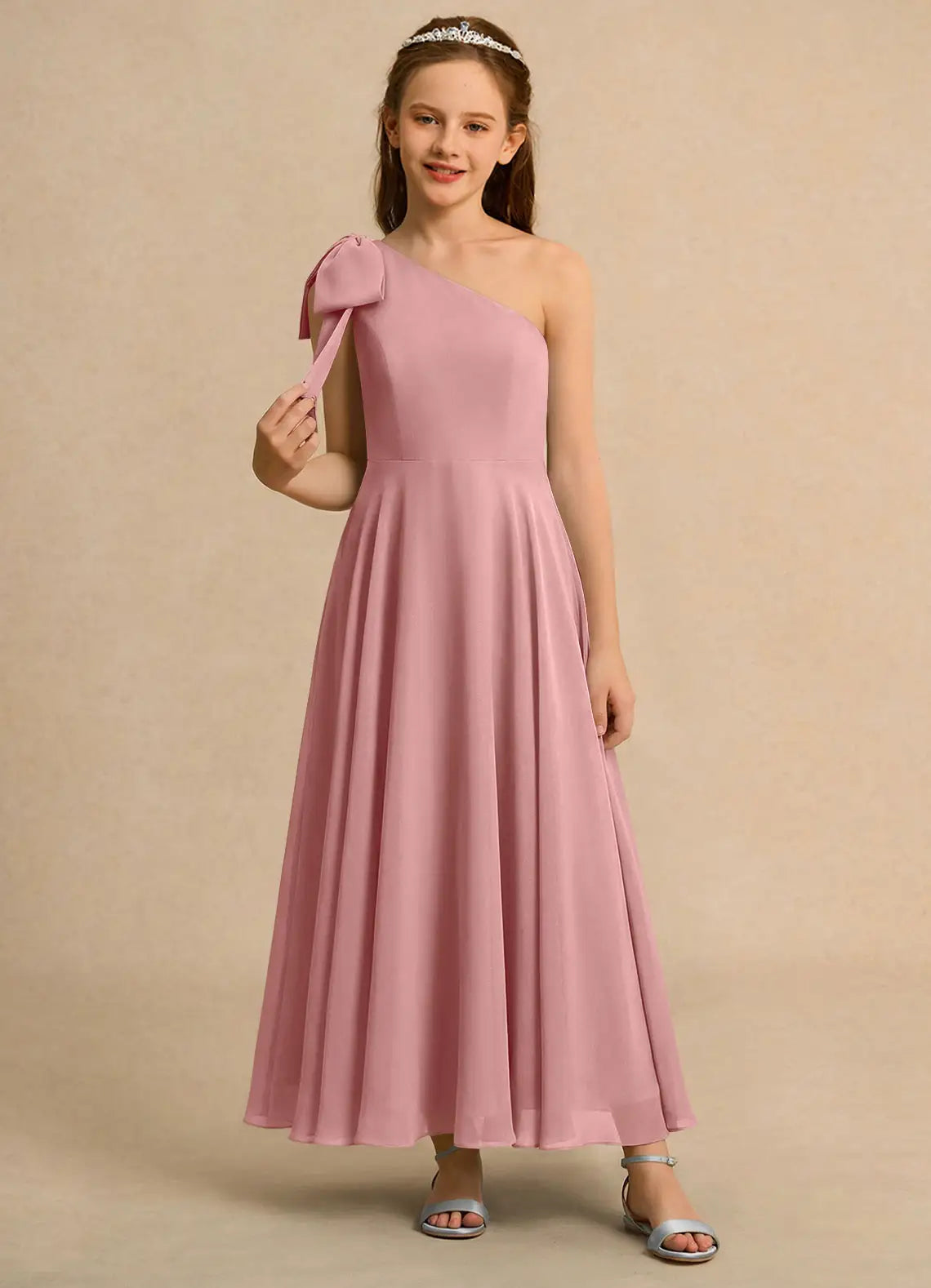 One Shoulder Dusty Rose Chiffon Full-Length Junior Bridesmaid Dresses with Side Bow