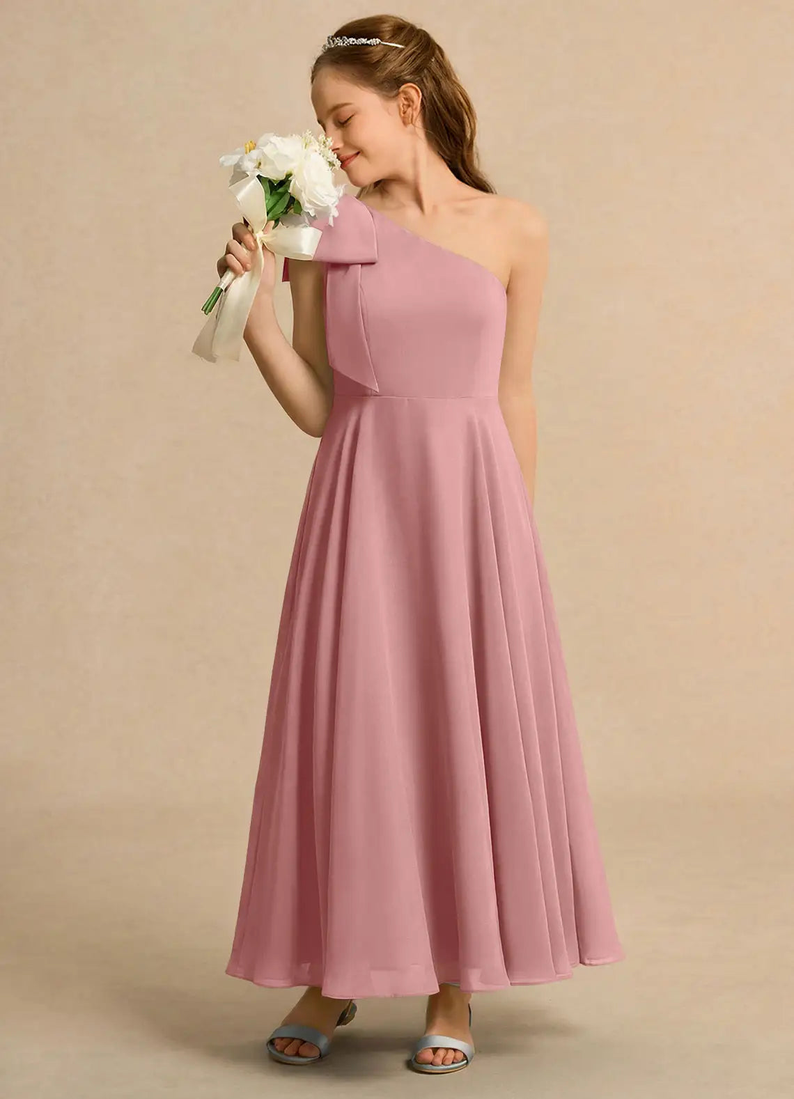 One Shoulder Dusty Rose Chiffon Full-Length Junior Bridesmaid Dresses with Side Bow