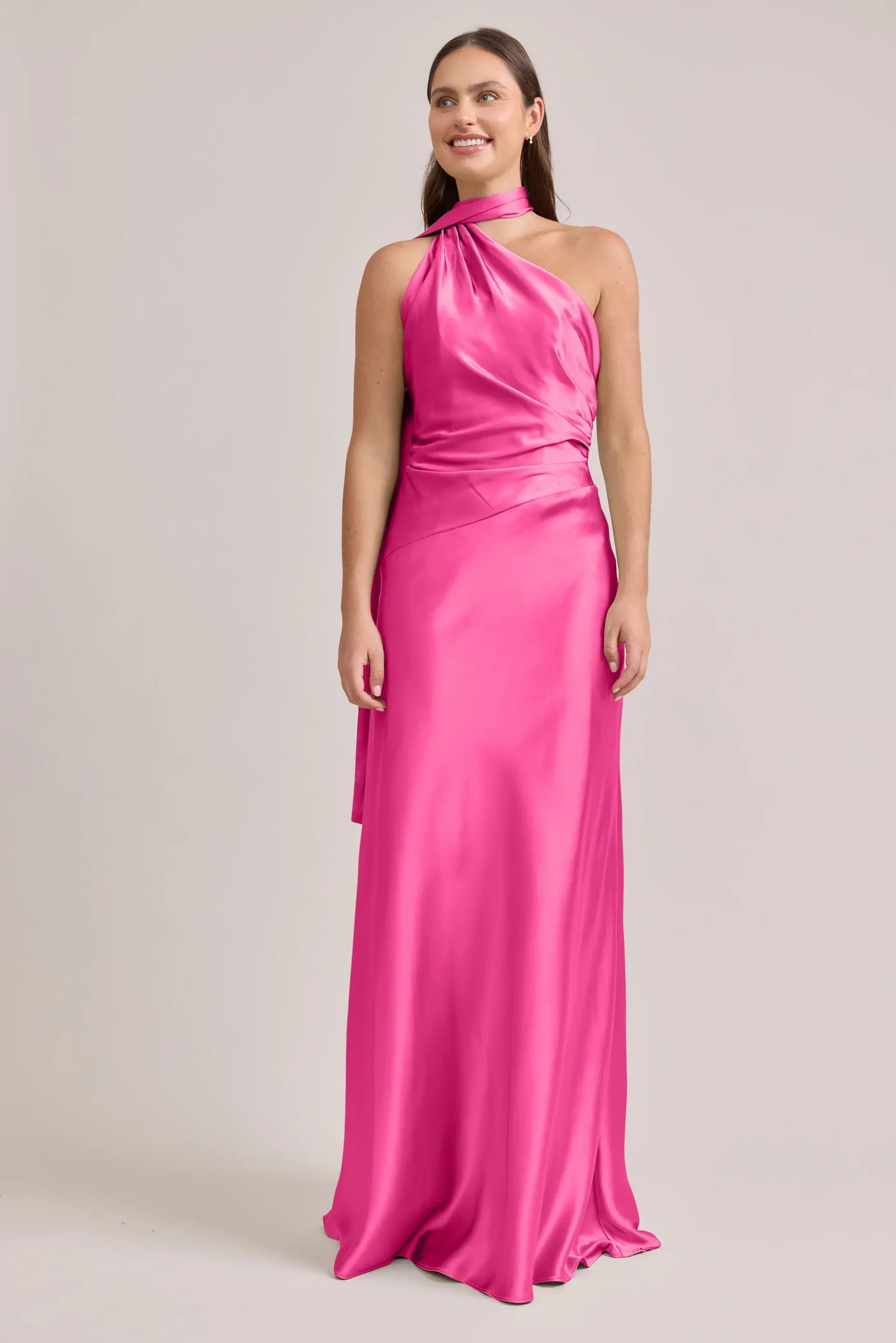 One Shoulder Halter Neck Sash Low Back Mermaid Satin Long Bridesmaid Dress