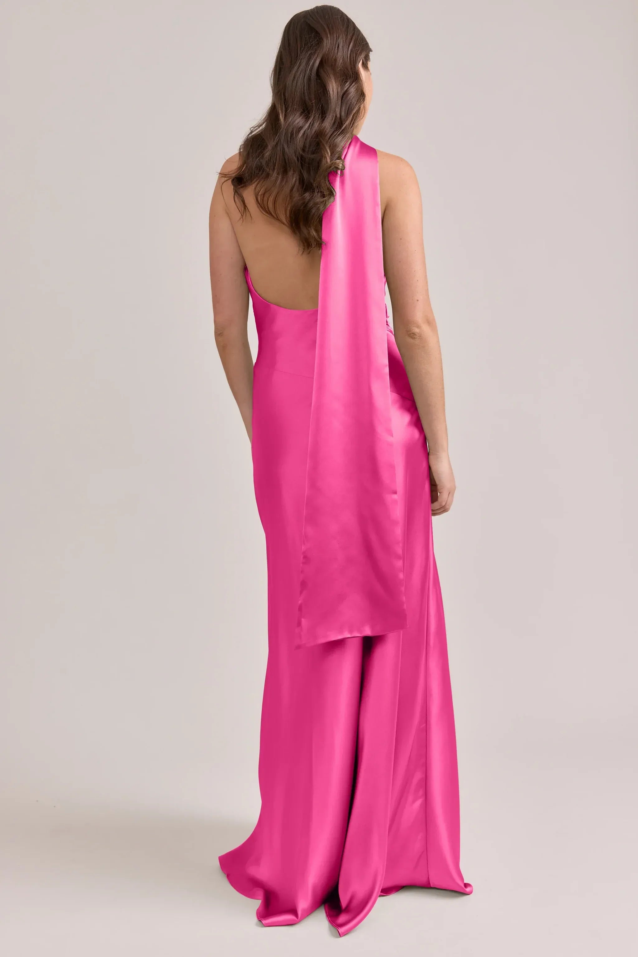 One Shoulder Halter Neck Sash Low Back Mermaid Satin Long Bridesmaid Dress