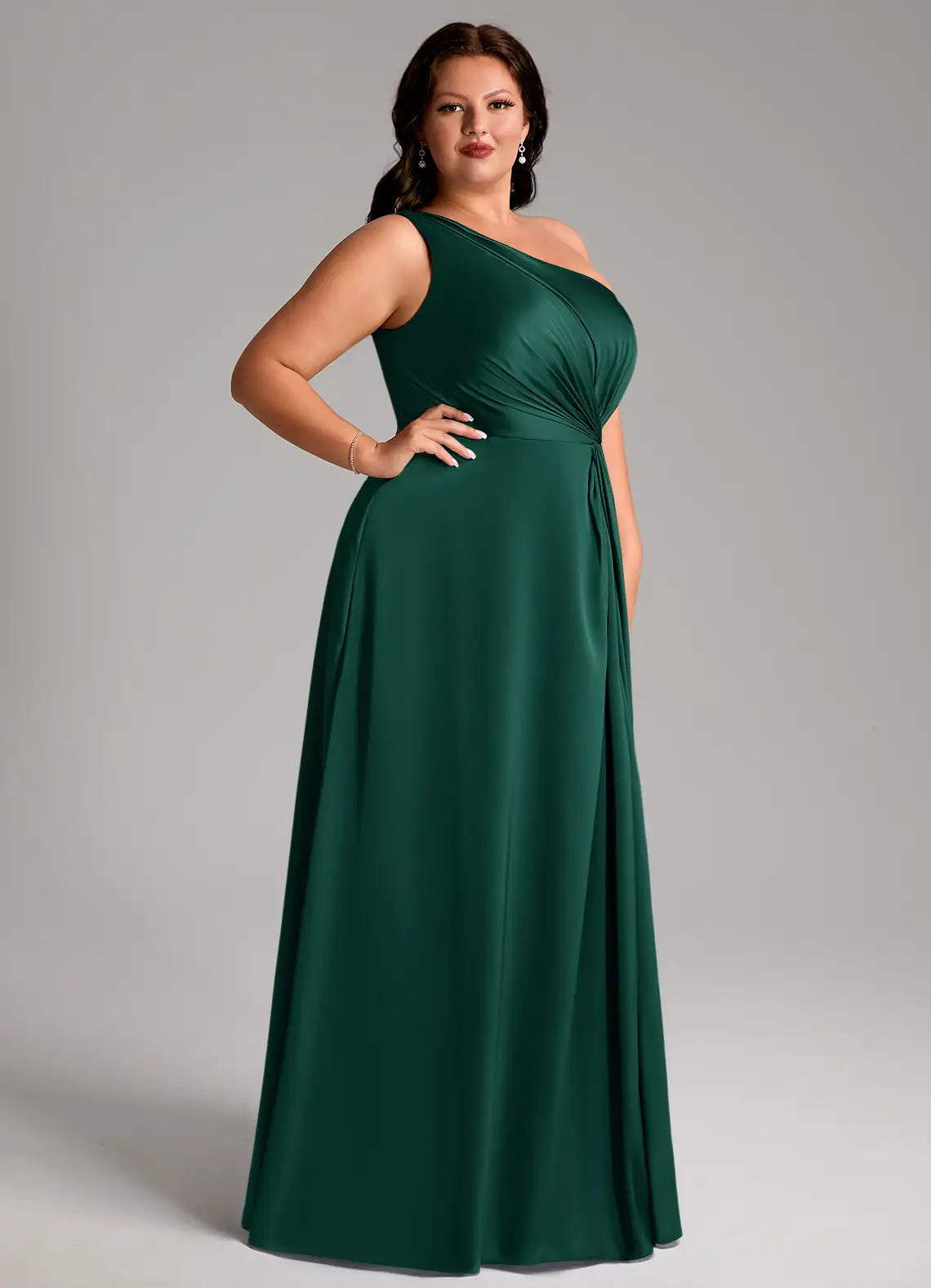 One-Shoulder Knotted Slit Floor-Length Plus Size Bridesmaid Dress