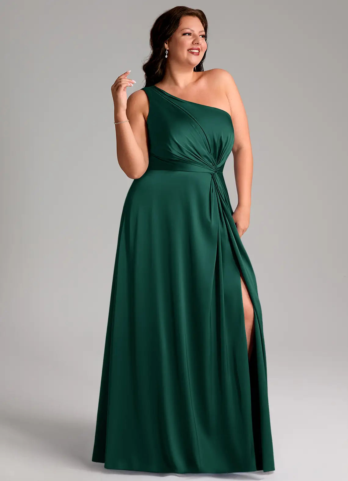 One-Shoulder Knotted Slit Floor-Length Plus Size Bridesmaid Dress