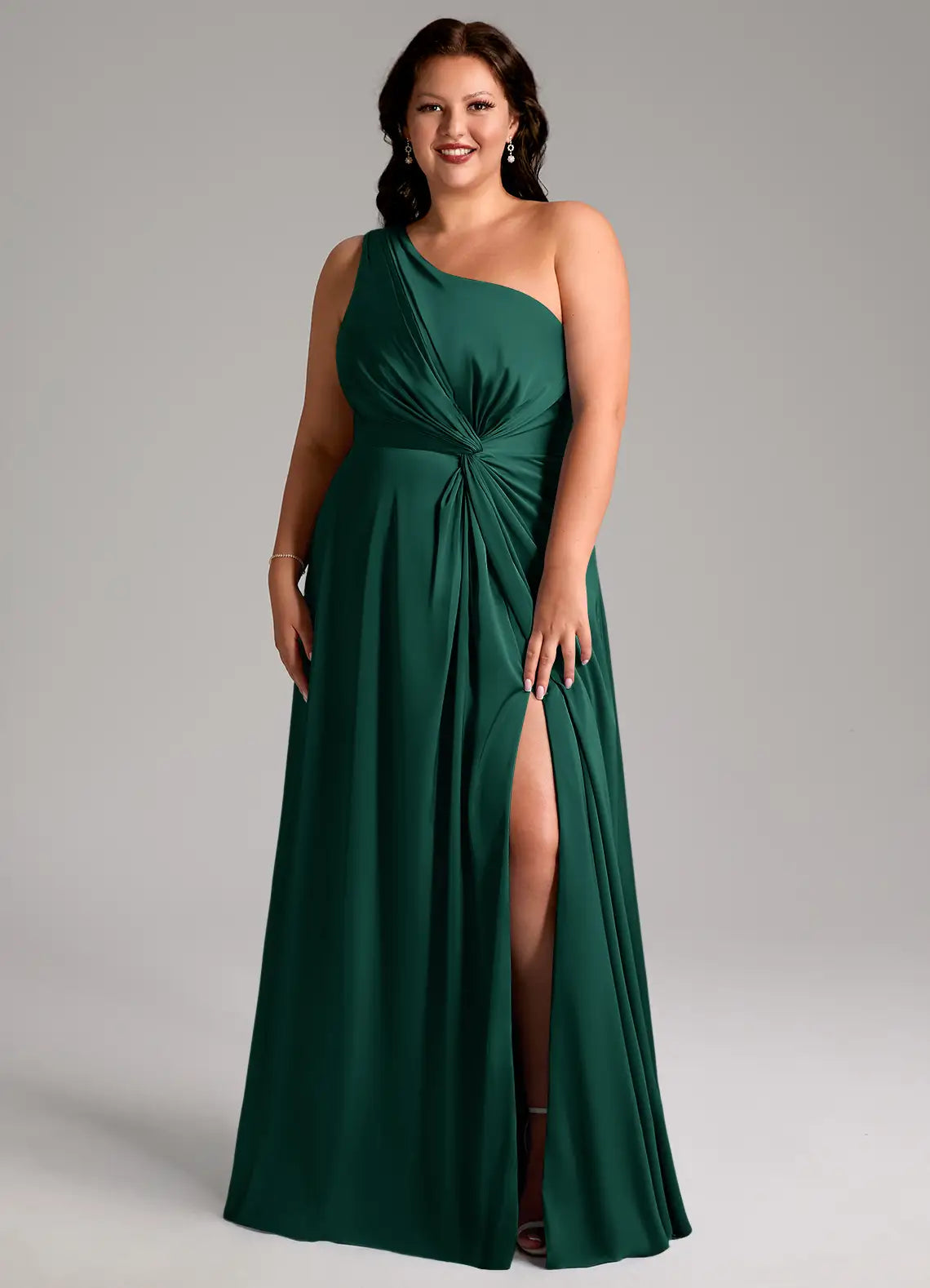 One-Shoulder Knotted Slit Floor-Length Plus Size Bridesmaid Dress