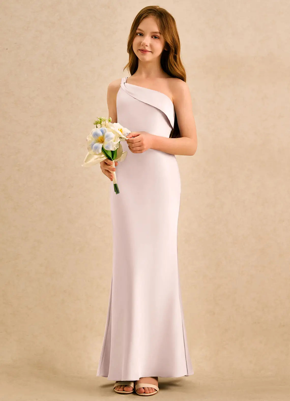 One Shoulder Lavender Satin Full-Length Junior Bridesmaid Dresses with Back Ruffle Detail