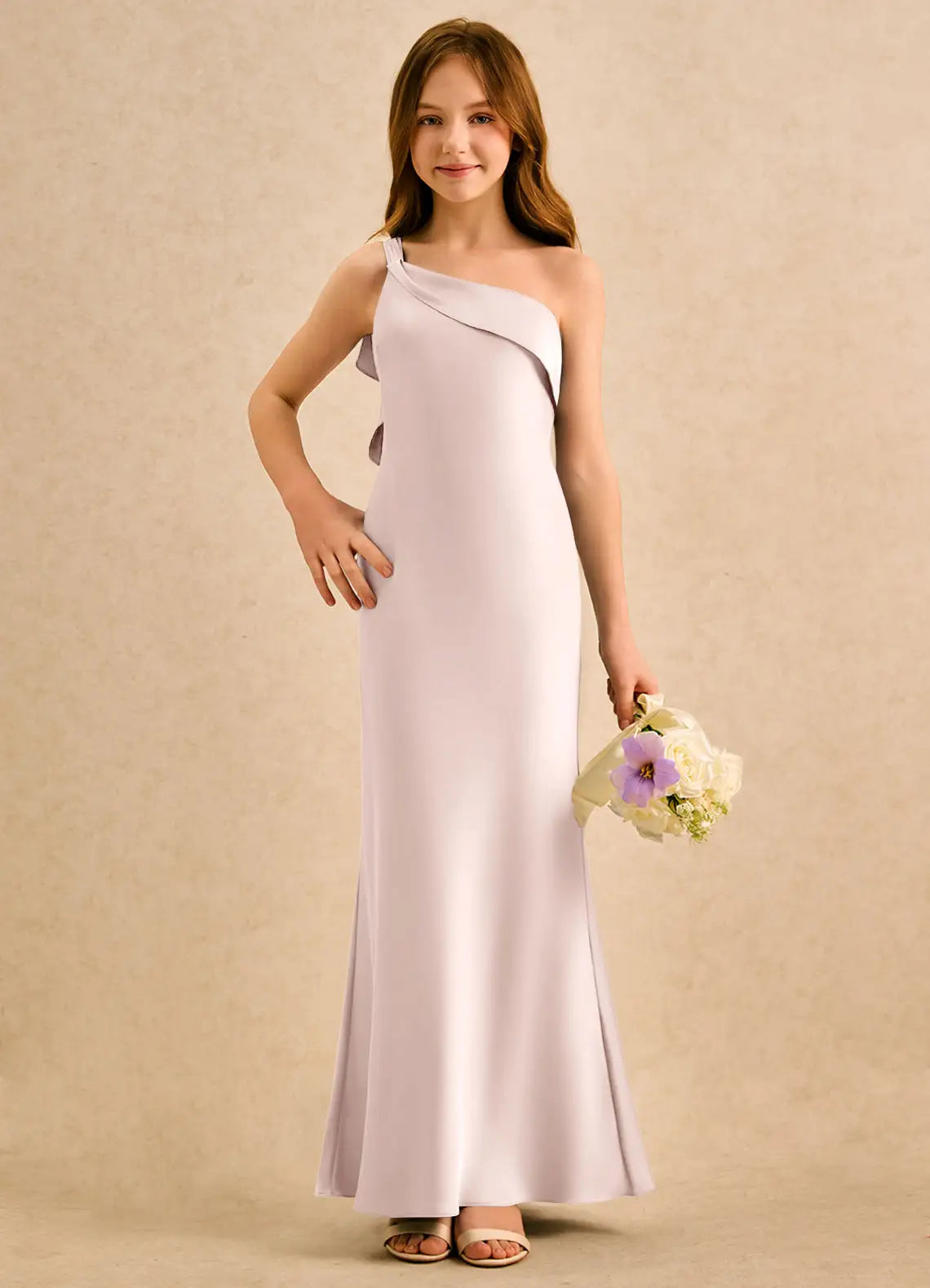 One Shoulder Lavender Satin Full-Length Junior Bridesmaid Dresses with Back Ruffle Detail