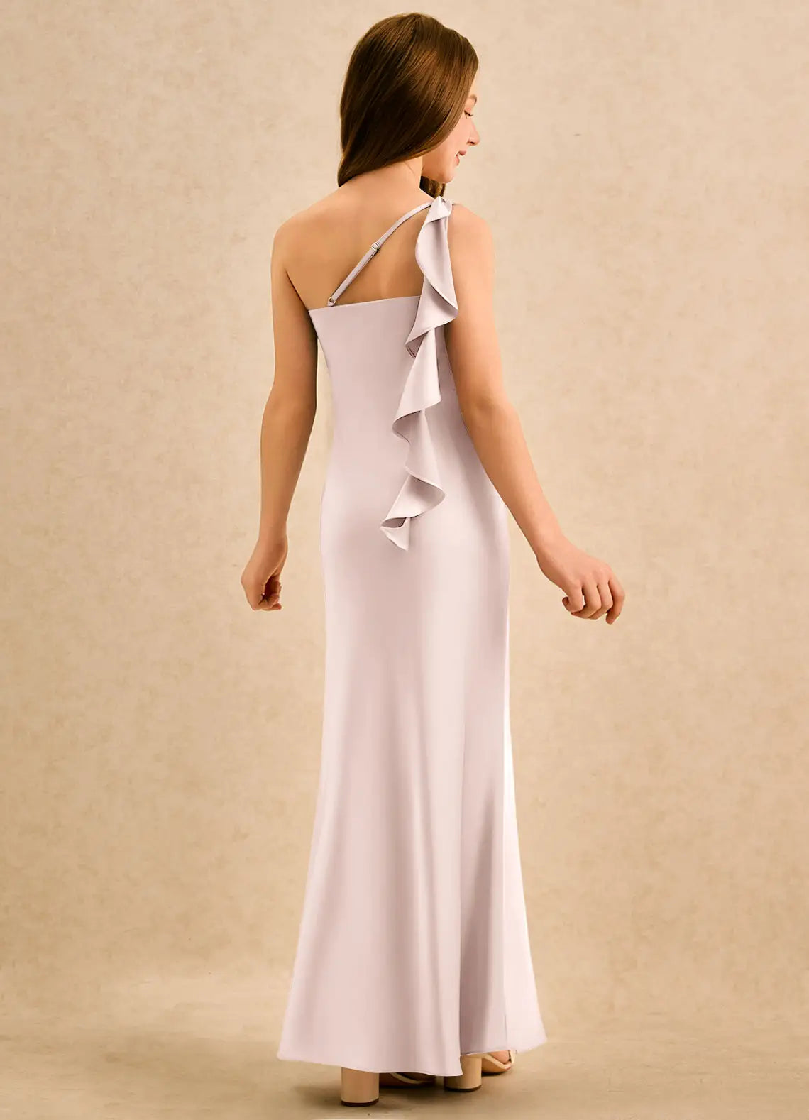 One Shoulder Lavender Satin Full-Length Junior Bridesmaid Dresses with Back Ruffle Detail