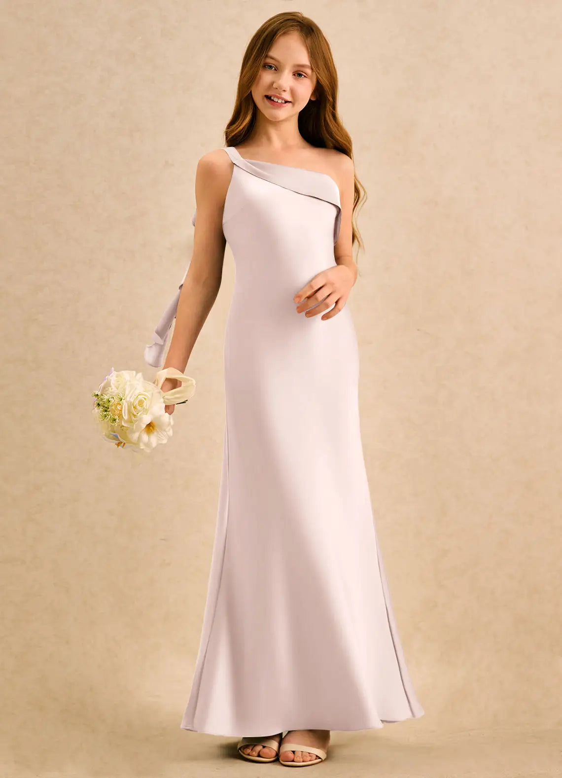 One Shoulder Lavender Satin Full-Length Junior Bridesmaid Dresses with Back Ruffle Detail