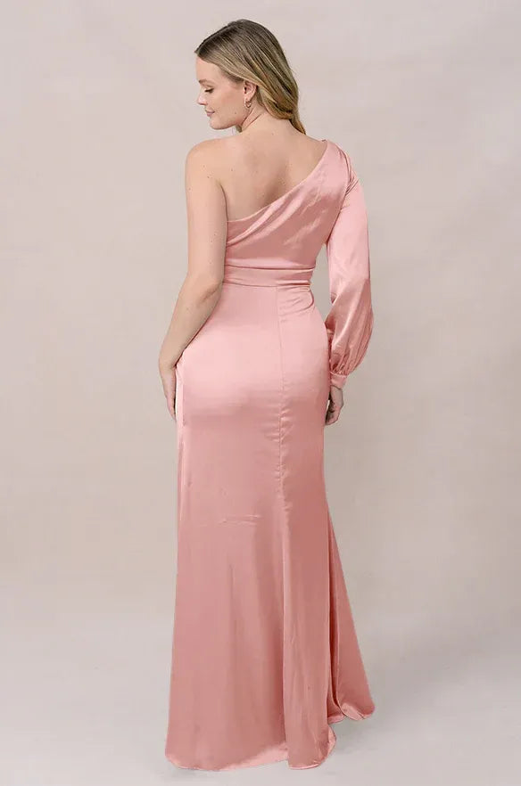 One Shoulder Long Sleeve Waist Twist Mermaid Satin Long Bridesmaid Dress