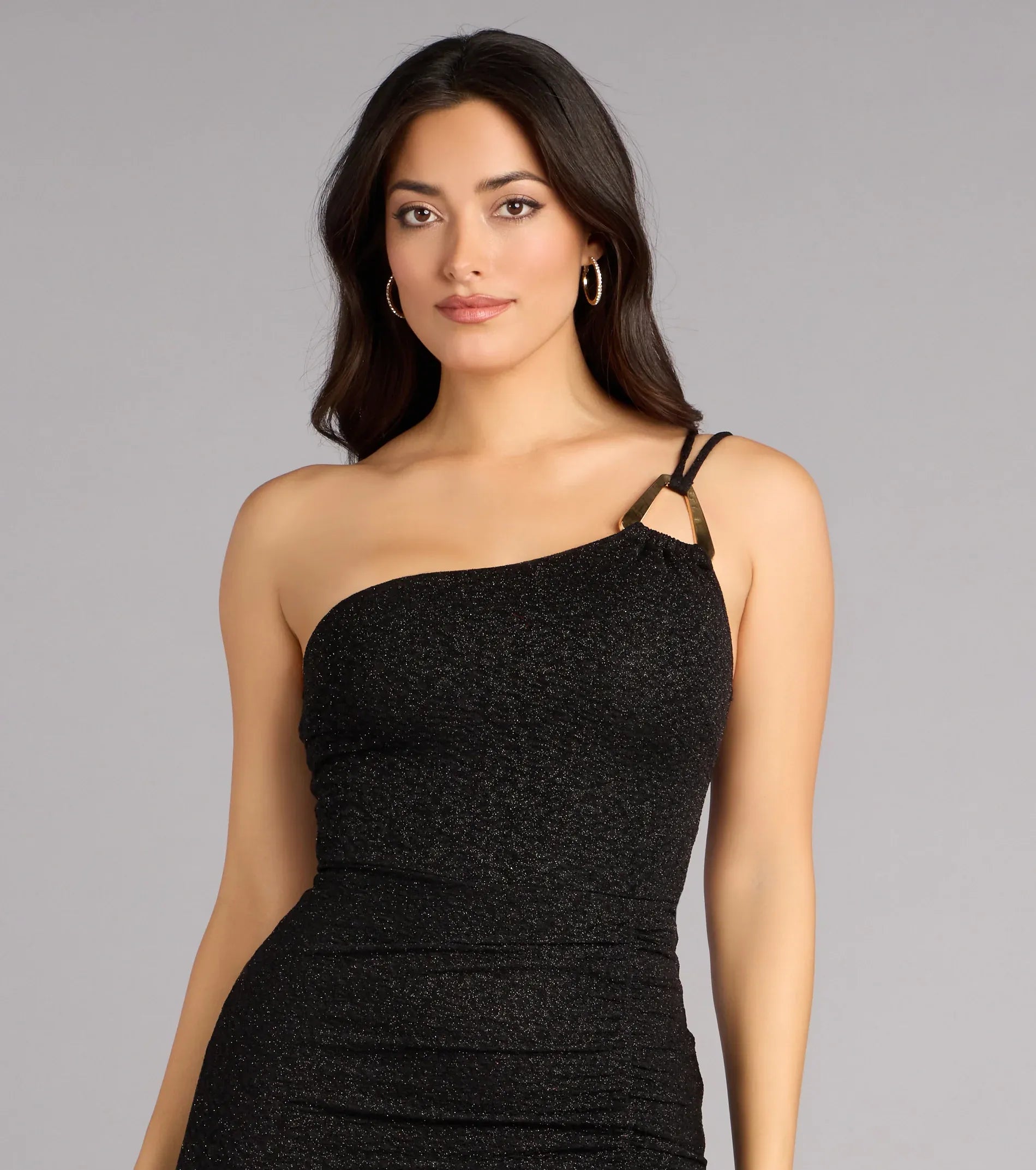 One Shoulder Metal Buckle Side Ruched High Slit Black Glitter Mermaid Maxi Wedding Guest Dress